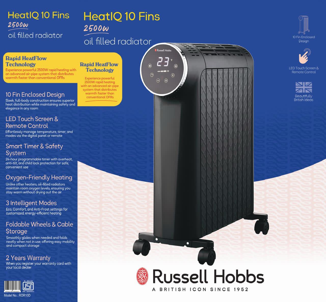 Russell Hobbs ROR10D HeatIQ 2500W Oil Filled Radiator Heater | 10 Fin | Safe & Silent
