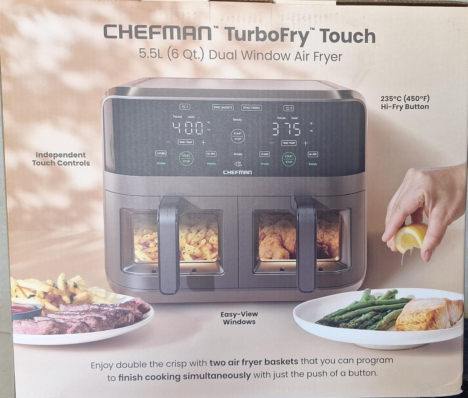 Chefman RJ38-SQPF-3TDB-2W-IN TurboFry Touch Dual Air Fryer, Maximize The Healthiest Meals With Double Basket Capacity, One-Touch Digital Controls And Shake Reminder For The Perfect Crispy And Low-Calorie Finish Mahajan Electronics Online