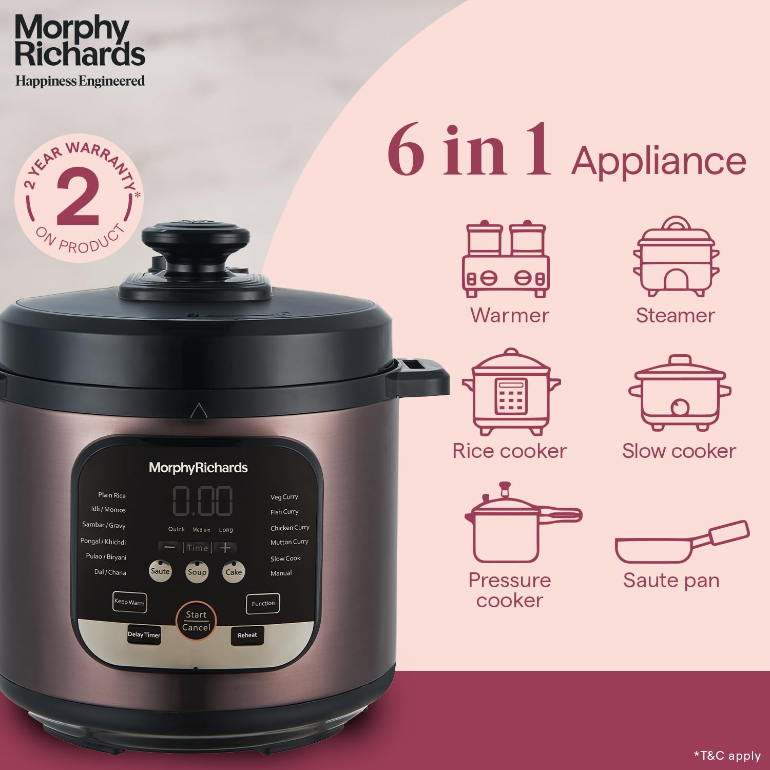 Morphy Richards WizPot 6 Litres 1000W Electric Pressure Cooker| Customised Preset for Indian Cooking| Automatic Shut-Off| Metallic Brown - Mahajan Electronics Online