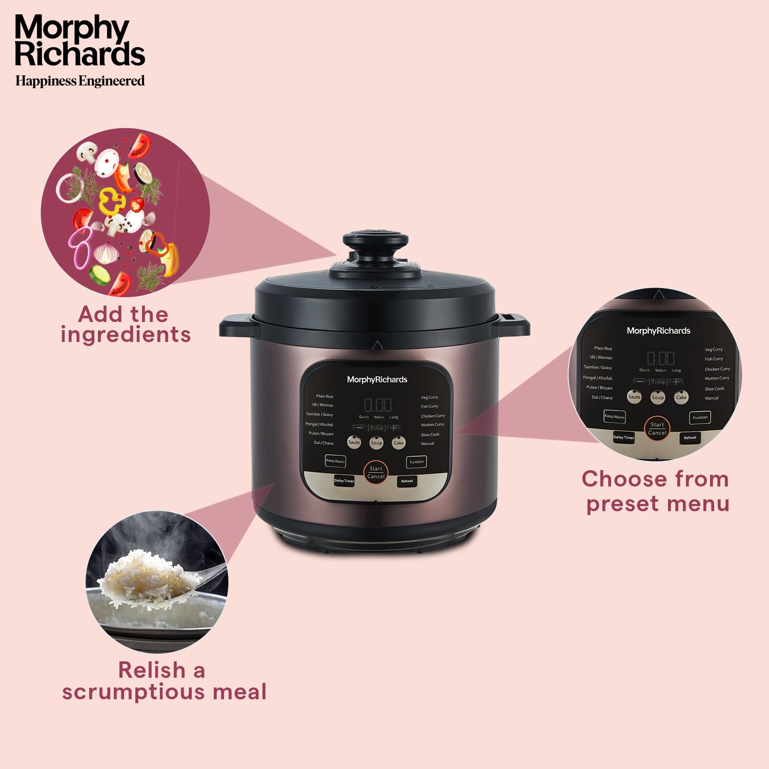 Morphy Richards WizPot 6 Litres 1000W Electric Pressure Cooker| Customised Preset for Indian Cooking| Automatic Shut-Off| Metallic Brown - Mahajan Electronics Online