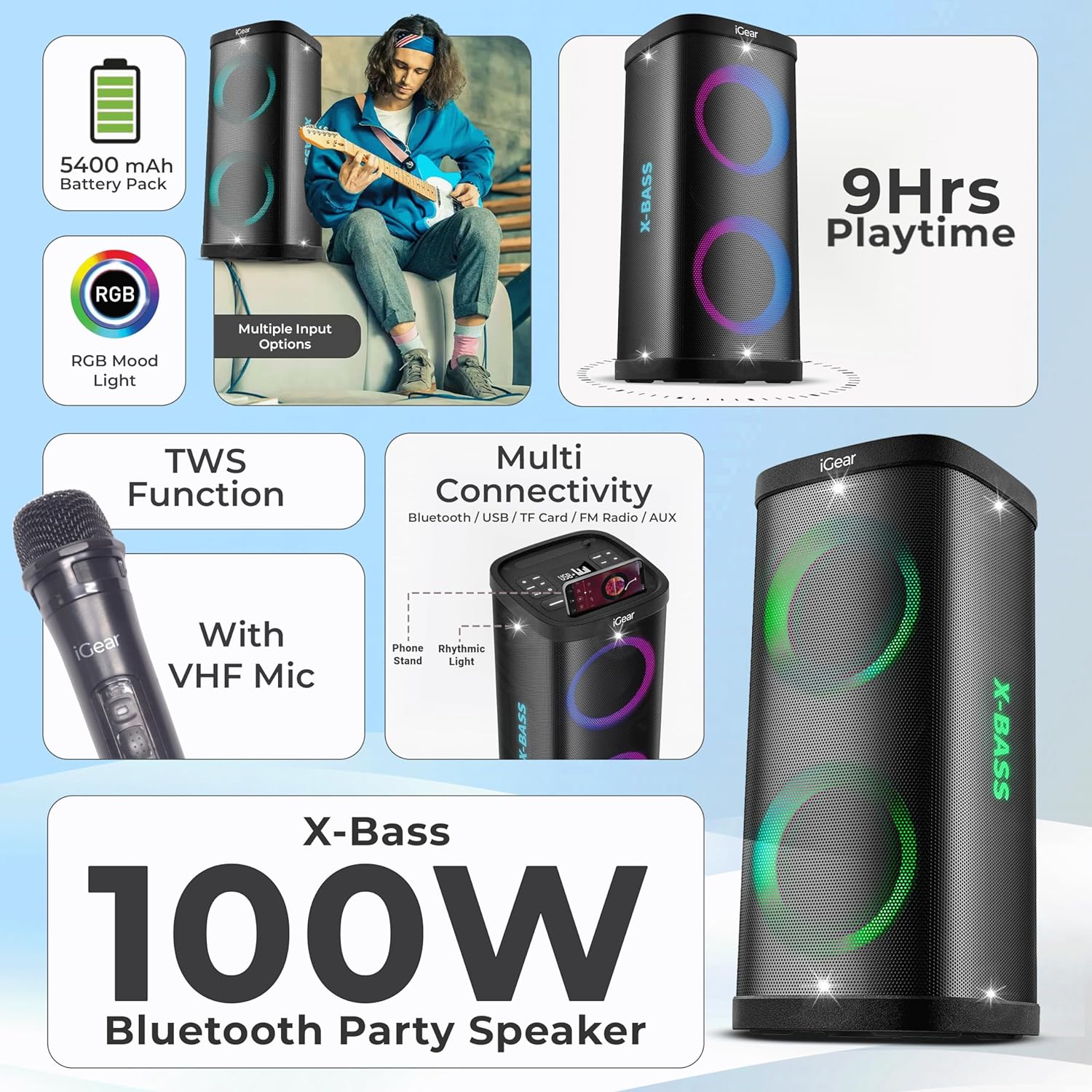 IGear X-Bass 100 Speaker Type Tower Connectivity Technology Bluetooth Special Feature Bass Boost, Usb Port, Shockproof - Mahajan Electronics Online