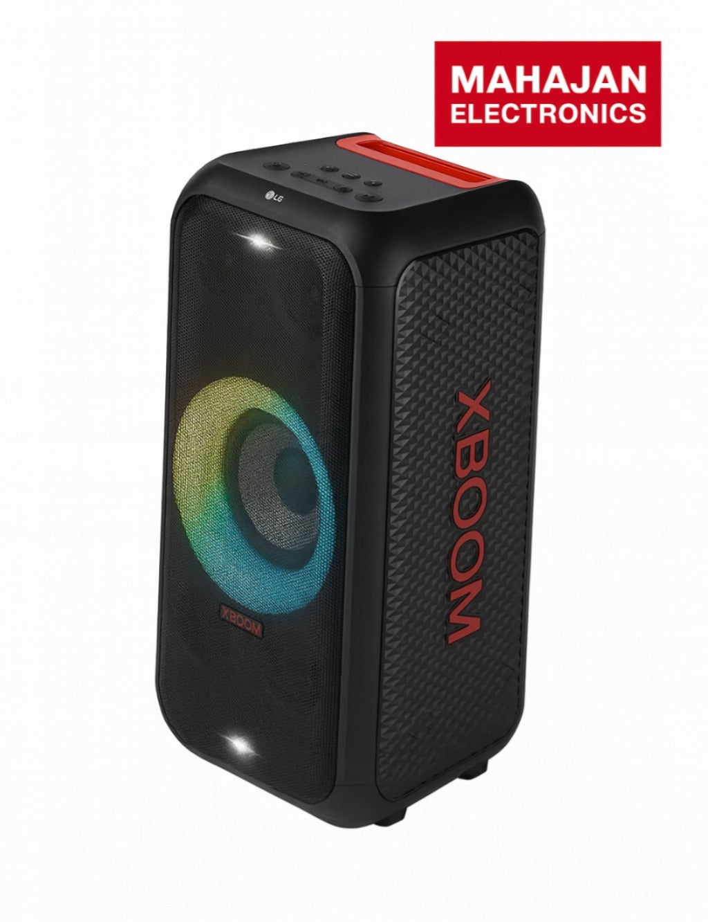 Black portable speaker with 'XBOOM' branding and Mahajan Electronics logo on a white background