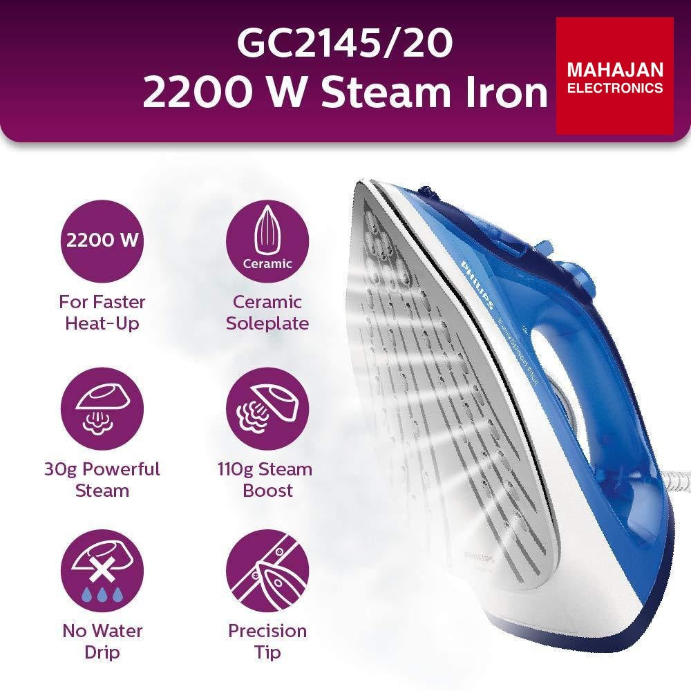 Philips EasySpeed Plus Steam Iron GC2145/20-2200W, Quick Heat Up with up to 30 g/min steam Philips