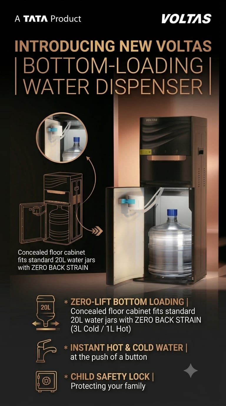 Voltas Mini magic BL – Black/CU Chrome Bottom Load Water Dispenser , Hot & Cold with Room Temperature Water Voltas   online mahajan electronics