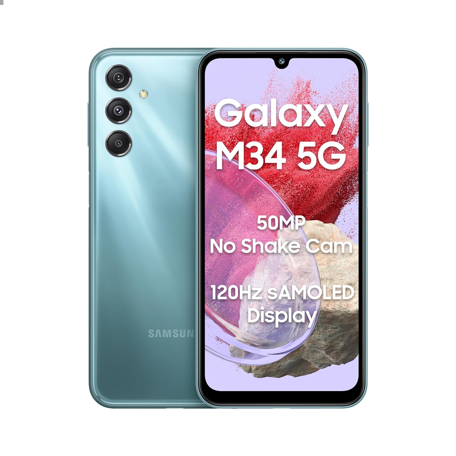 Samsung Galaxy M34 5G (Waterfall Blue,8GB,256GB)|120Hz sAMOLED Display|50MP Triple No Shake Cam|6000 mAh Battery|4 Gen OS Upgrade & 5 Year Security Update|16GB RAM with RAM+|Android 13|Without Charger - Mahajan Electronics Online