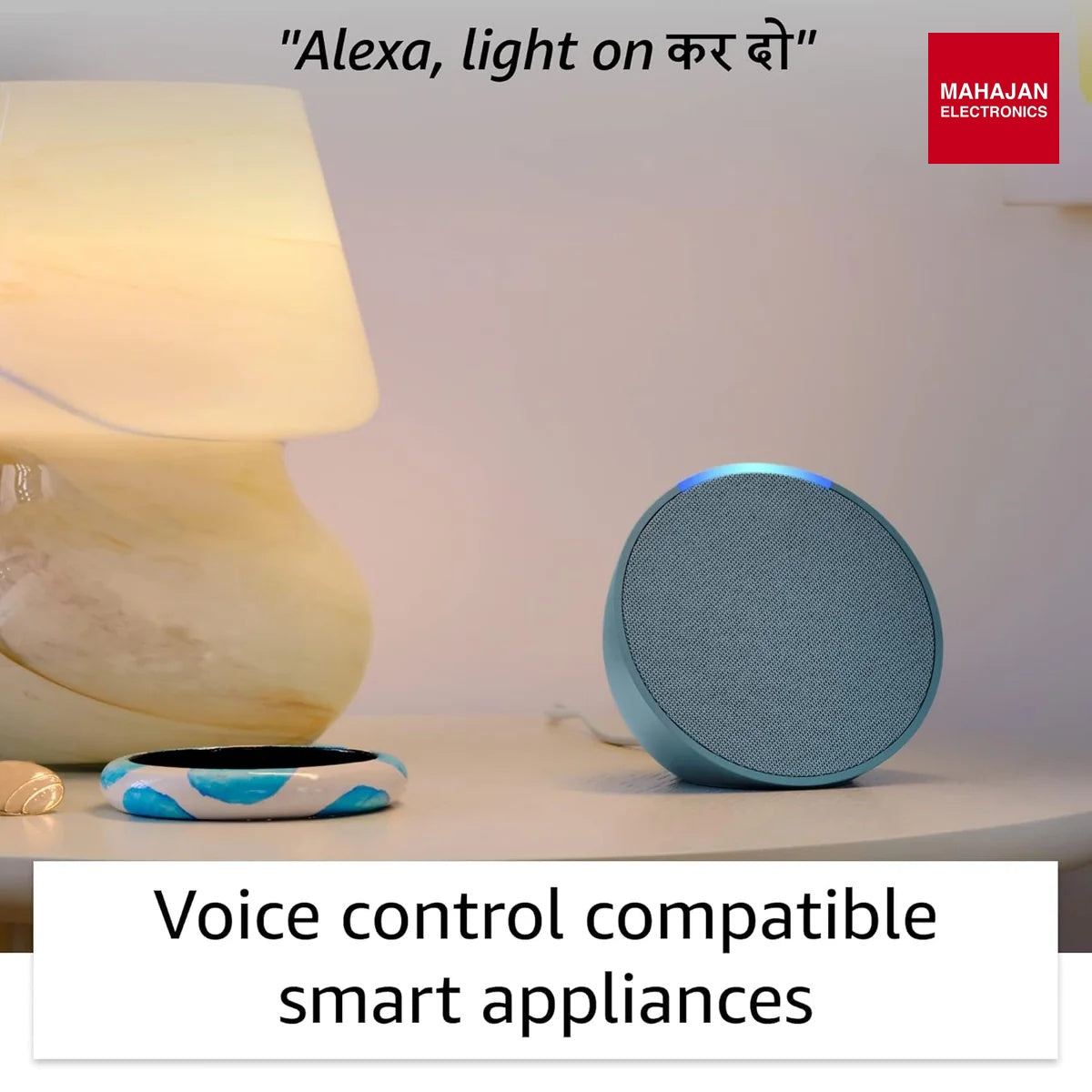Amazon Echo Pop Purple lifestyle image 4 with Mahajan Electronics logo