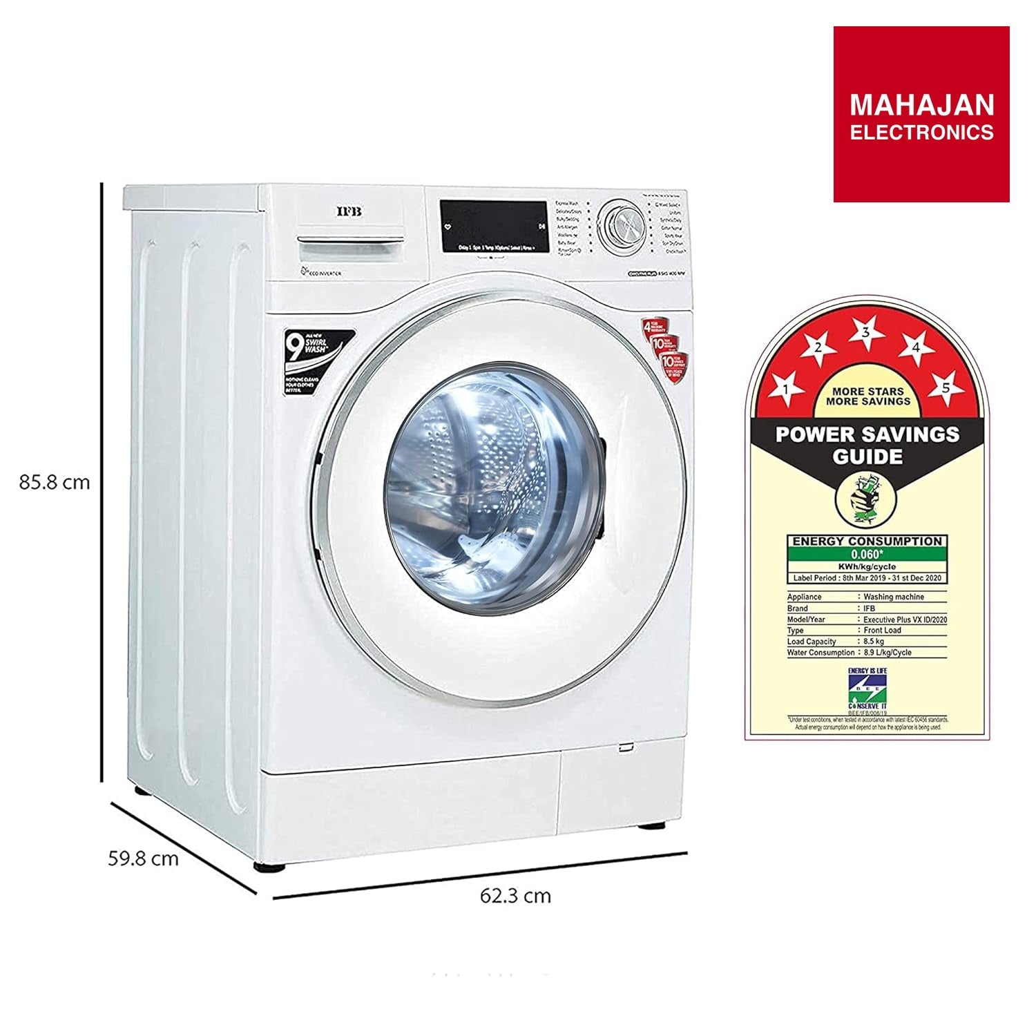 IFB EXECUTIVE PLUS VX ID 8.5 kg 5 Star Fully-Automatic Front Loading Washing Machine (Eco Inverter White, In-Built Heater, 4D Wash technology) Mahajan Electronics Online
