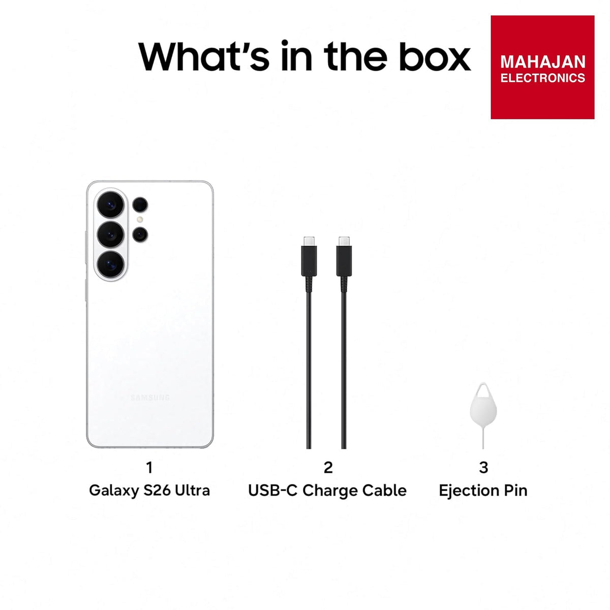 Samsung Galaxy S26 Ultra 5G (White, 12GB RAM, 256GB Storage) with Built-in Privacy Display, AI Phone, Photo – Mahajan Electronics Online.