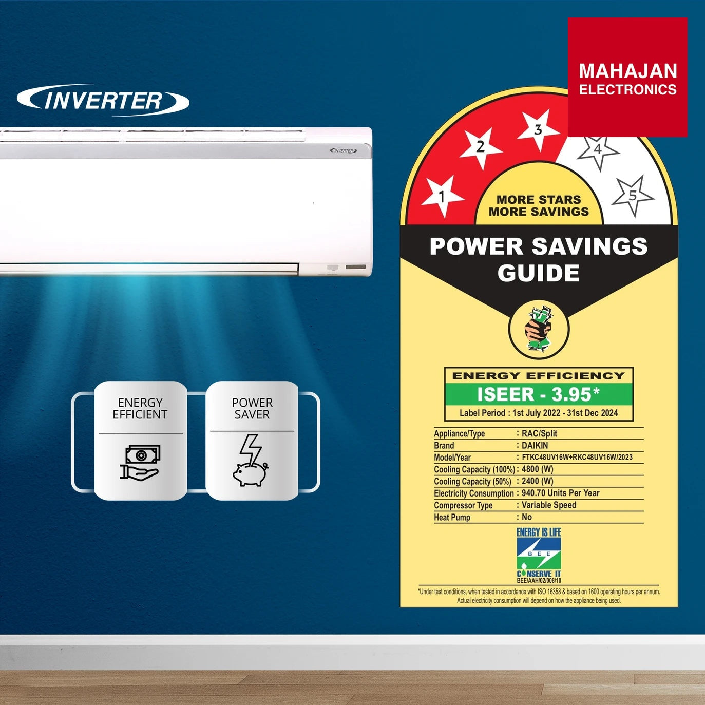 Daikin FTKC48UV16 1.4 Ton 3 Star Inverter Split AC | Dew Clean | Triple Display | PM 2.5 Filter | R32 Copper – Mahajan Electronics Online.