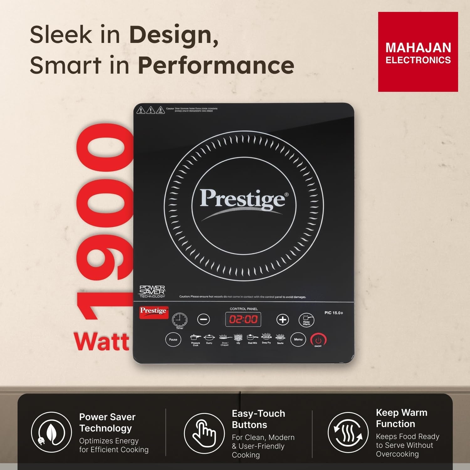 Prestige PIC 15.0 Plus 1900 Watts Induction Cooktop | 4KV Surge Protection | 7 Preset Indian Menu Options – Mahajan Electronics Online.