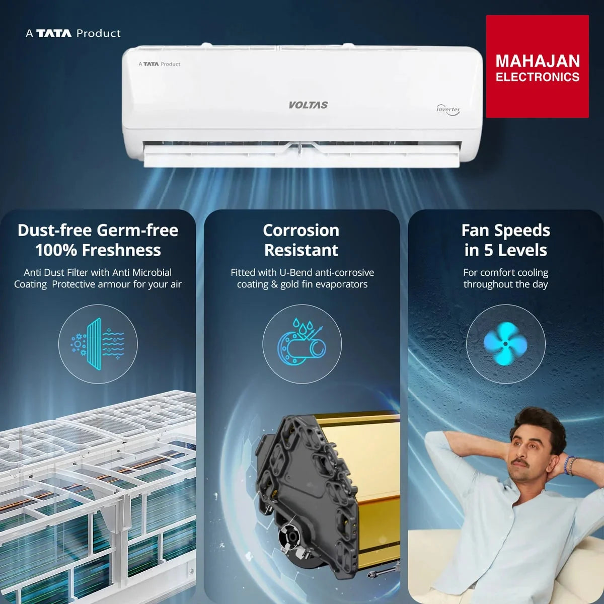 Voltas 122FS Emerald 1 Ton 2 Star Fixed Speed Split AC , Turbo Cooling – Mahajan Electronics Online.