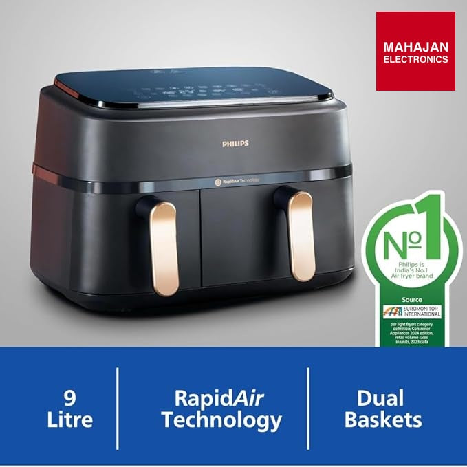 PHILIPS Air Fryer NA352/00 with Rapid Air Technology, 9L capacity, Dual basket (6L & 3L) for full oven tray – Mahajan Electronics Online.