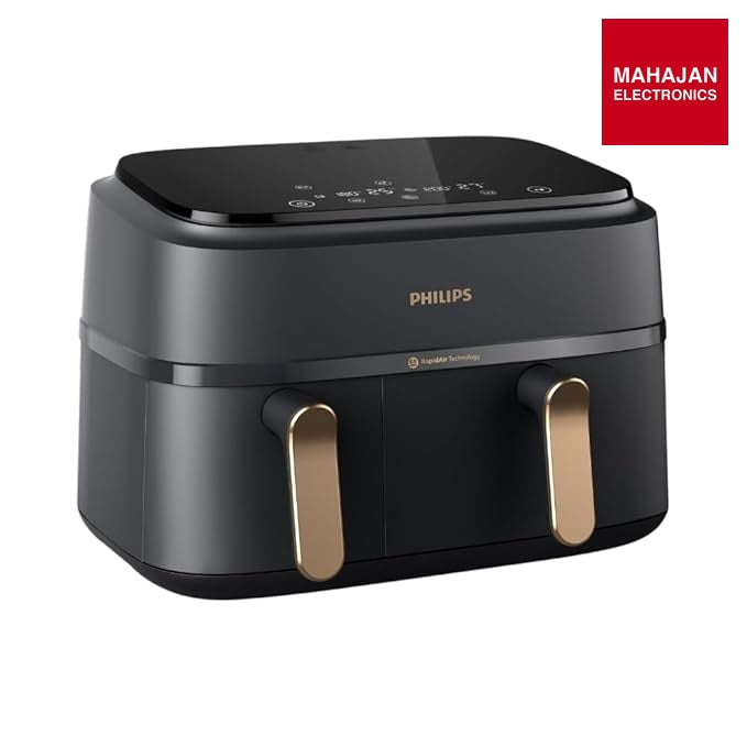 PHILIPS Air Fryer NA352/00 with Rapid Air Technology, 9L capacity, Dual basket (6L & 3L) for full oven tray – Mahajan Electronics Online.