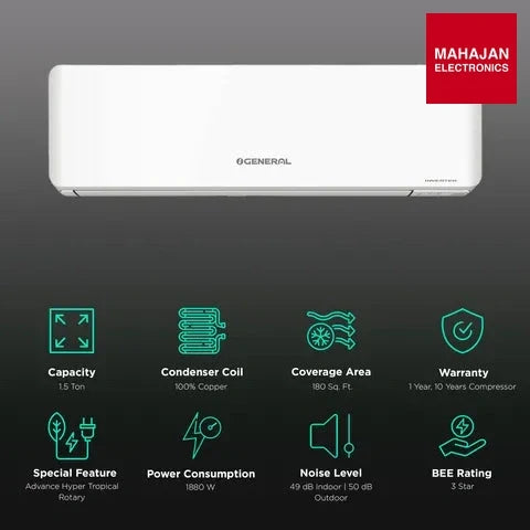 O General ASGG18CPWA-B 1.5 Ton 3 Star Inverter Split AC 2026 (Copper, Hyper Tropical Rotary Compressor, R32 – Mahajan Electronics Online.