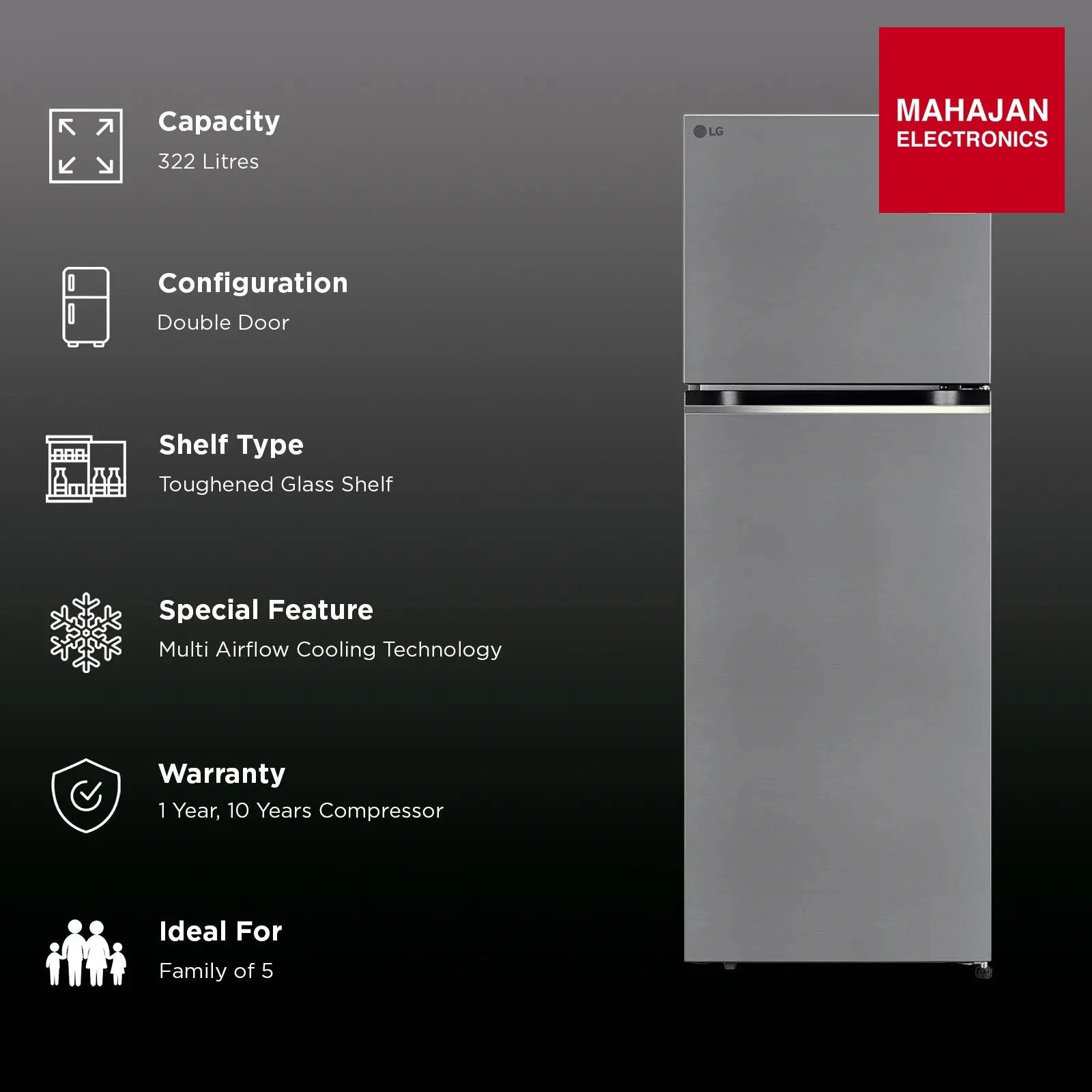 LG GLT3226SNPZ 322 Litres 2 Star Frost Free Double Door Convertible Refrigerator with Multi Air Flow ( Shiny – Mahajan Electronics Online.