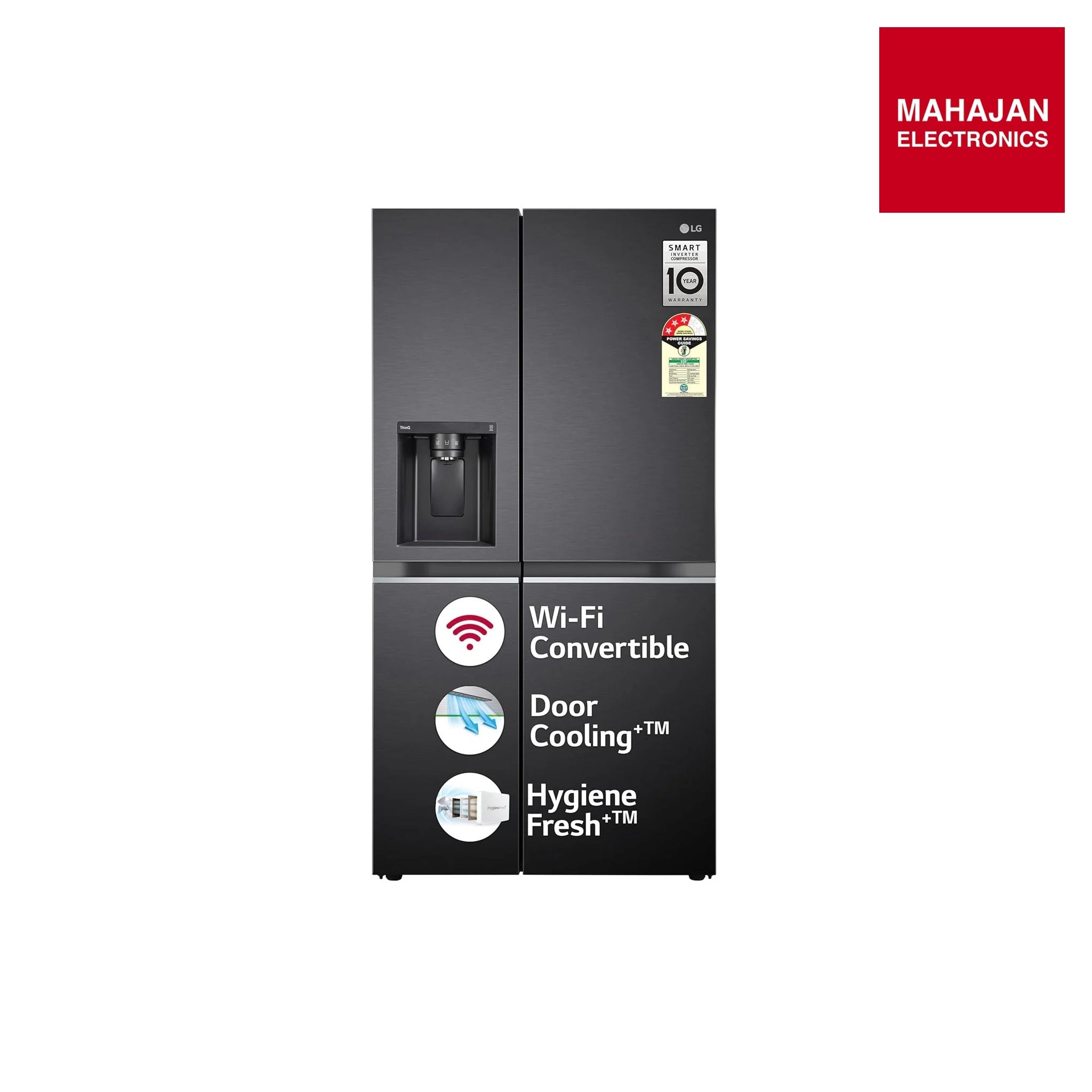 Black refrigerator with text indicating features on a white background – Mahajan Electronics Online.