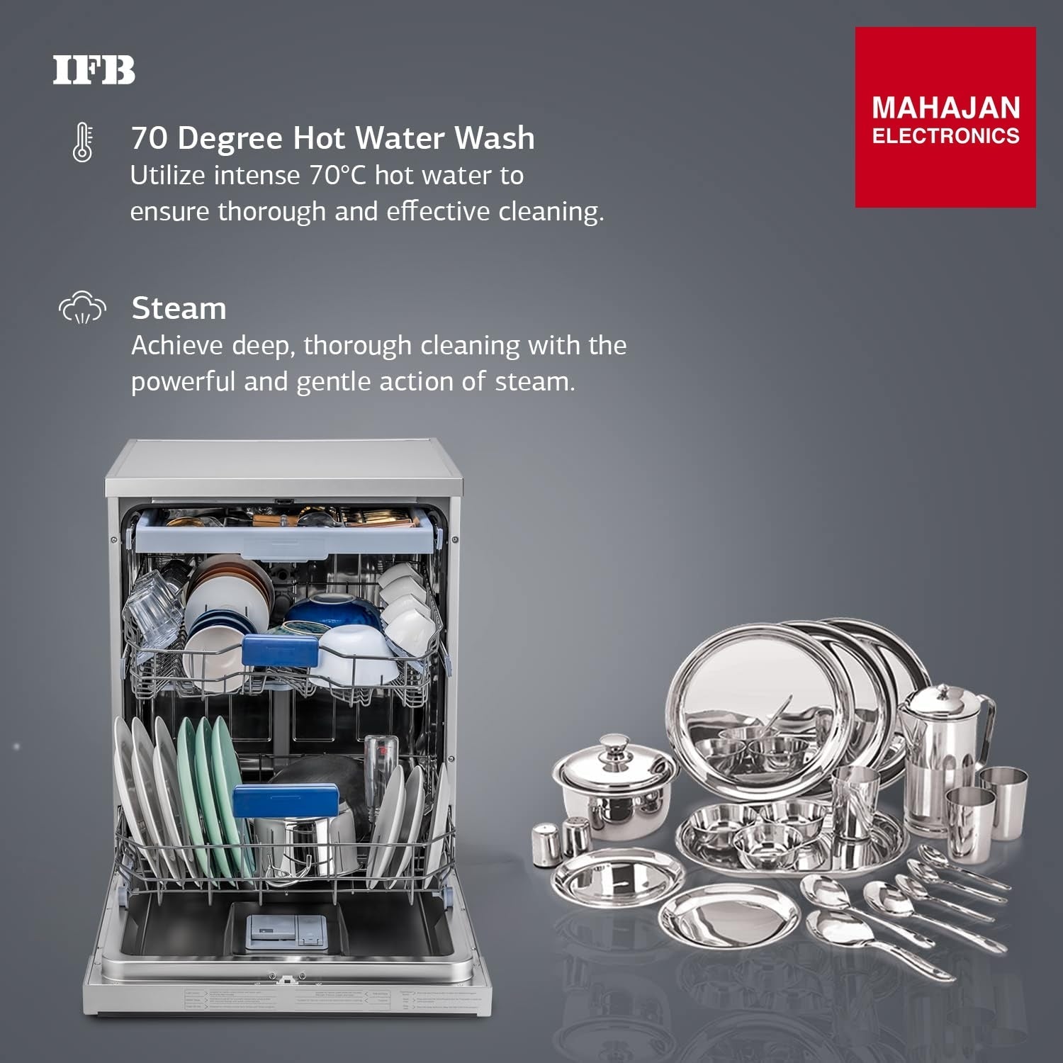 IFB Neptune VX15 15 Place Settings with DeepClean® Technology Freestanding Dishwasher ( Dark Silver, 70° Hot – Mahajan Electronics Online.