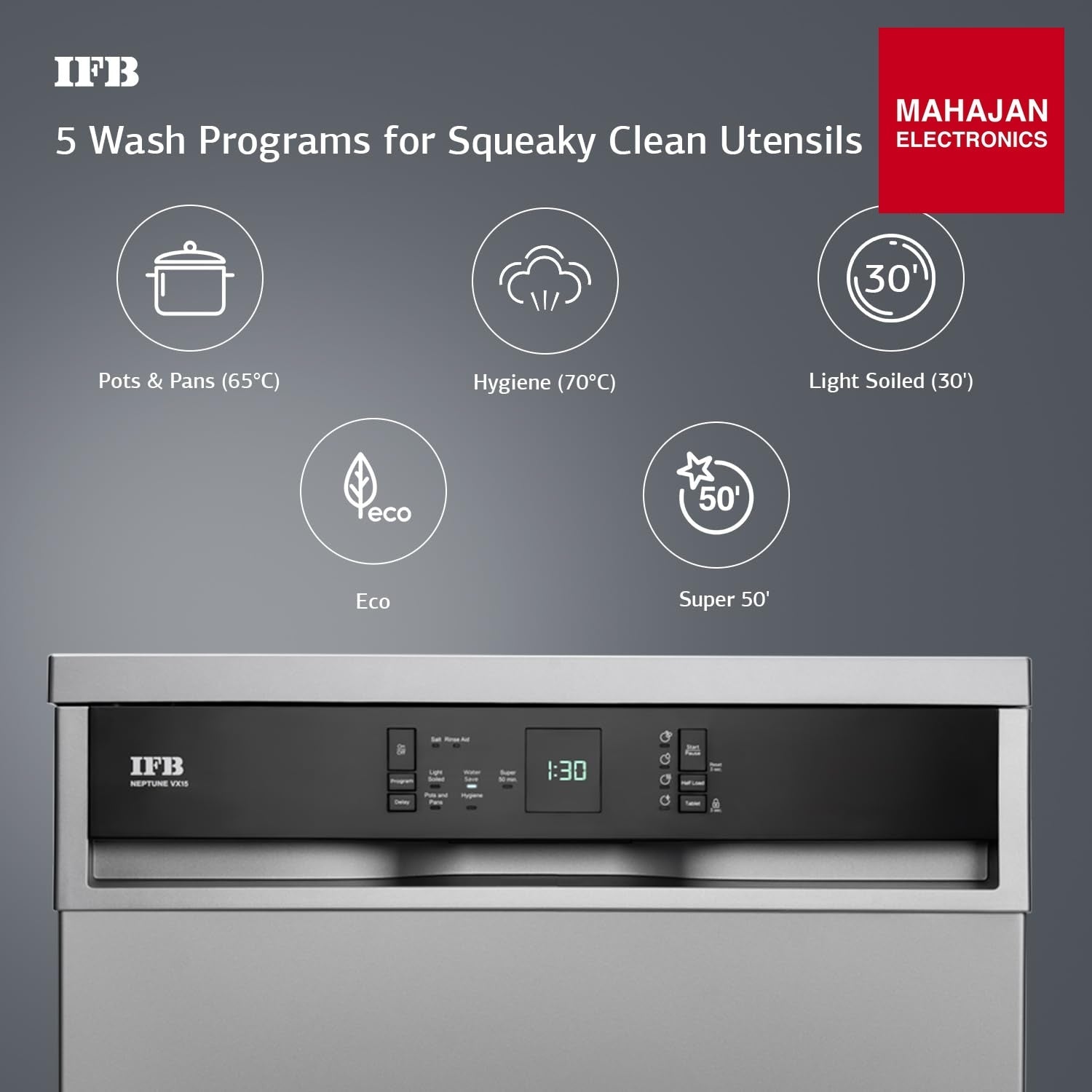 IFB Neptune VX15 15 Place Settings with DeepClean® Technology Freestanding Dishwasher ( Dark Silver, 70° Hot – Mahajan Electronics Online.
