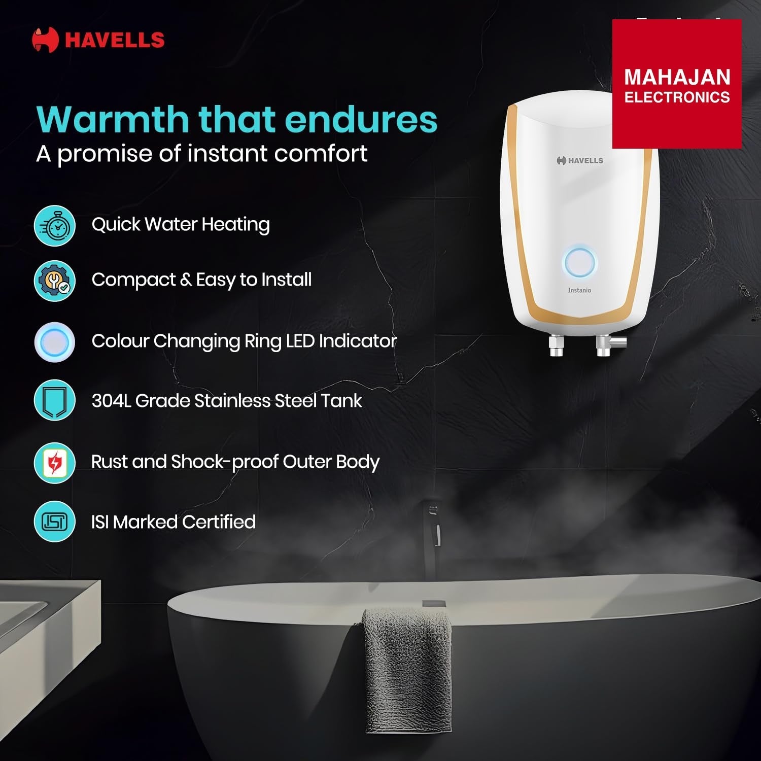 Havells Instanio 3L Instant Water Heater(Geyser)|Temp. Sensing LED Indicator| Rust & Shock Proof Body| ISI – Mahajan Electronics Online.