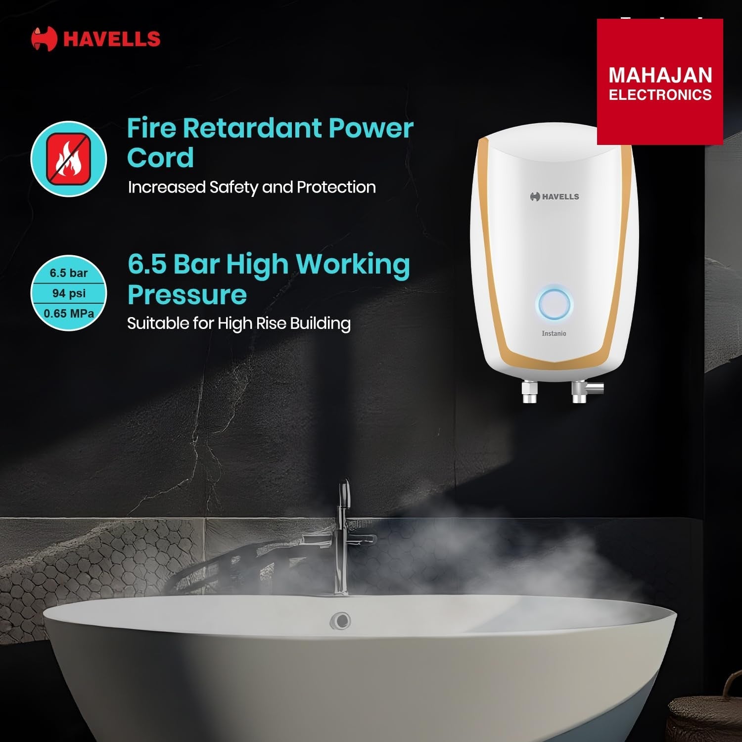 Havells Instanio 3L Instant Water Heater(Geyser)|Temp. Sensing LED Indicator| Rust & Shock Proof Body| ISI – Mahajan Electronics Online.