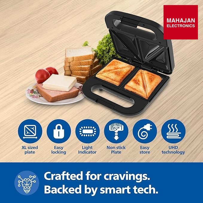 Philips HD1000/00 XL Sandwich Maker | 800W | Non-Stick Coated Plates | UHD Technology | Easy Locking | Black – Mahajan Electronics Online.