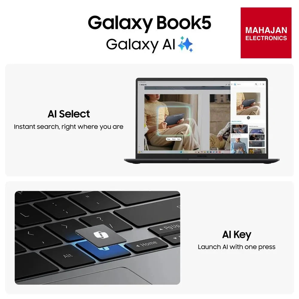 Samsung Galaxy Book5 Laptop (Intel Core Ultra 5/ 16GB LPDDR5X RAM/ 512GB SSD/ 15.6 Inch (39.62 cm) FHD – Mahajan Electronics Online.