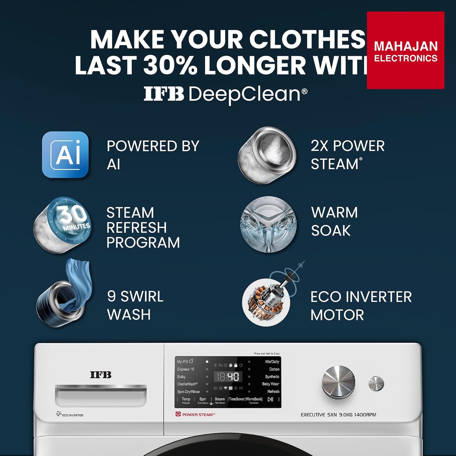 IFB EXECUTIVE SXN 9014K CMS 9 Kg 5 Star, DeepClean® Tech, AI Powered, WiFi, Fully Automatic Front Load – Mahajan Electronics Online.