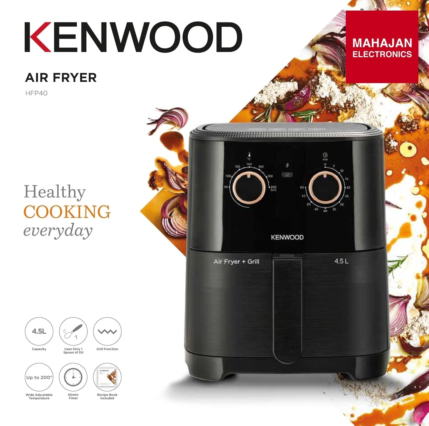KENWOOD HFP40.000BK Airfryer + Grill XL 4.5L 1300W Air Fryer with Grill Function, Recipe Book, Rapid Hot Air – Mahajan Electronics Online.