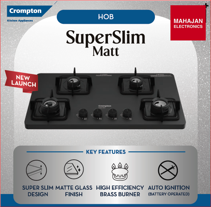 Crompton TAB-SMHB784-MBL SuperSlim Matt 78 cm 4 Burner Hob with Auto Ignition, Brass Burners and Toughened – Mahajan Electronics Online.
