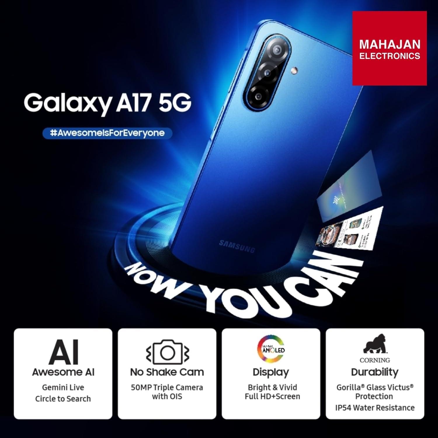 Samsung Galaxy A17 5G (Blue, 6GB RAM, 128GB Storage) | 50 MP No Shake Camera | Gemini Live | Circle to Search – Mahajan Electronics Online.