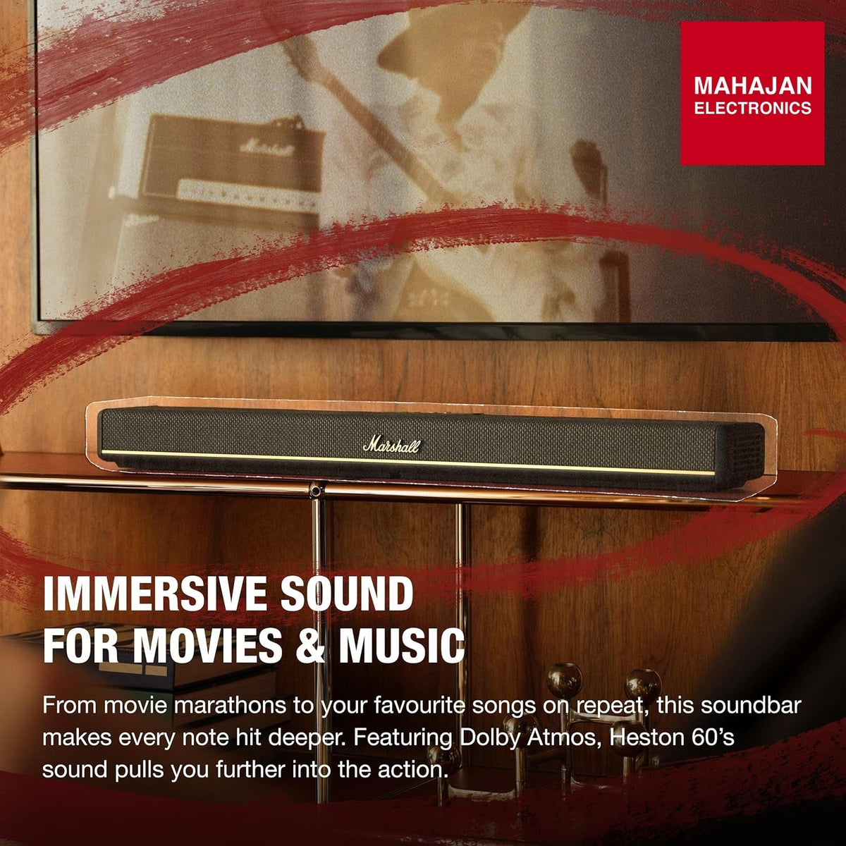 Marshall Heston 60 soundbar with Dolby Atmos & DTS:X, Wired & Wireless Subwoofer Connectivity – Dual HDMI – Mahajan Electronics Online.