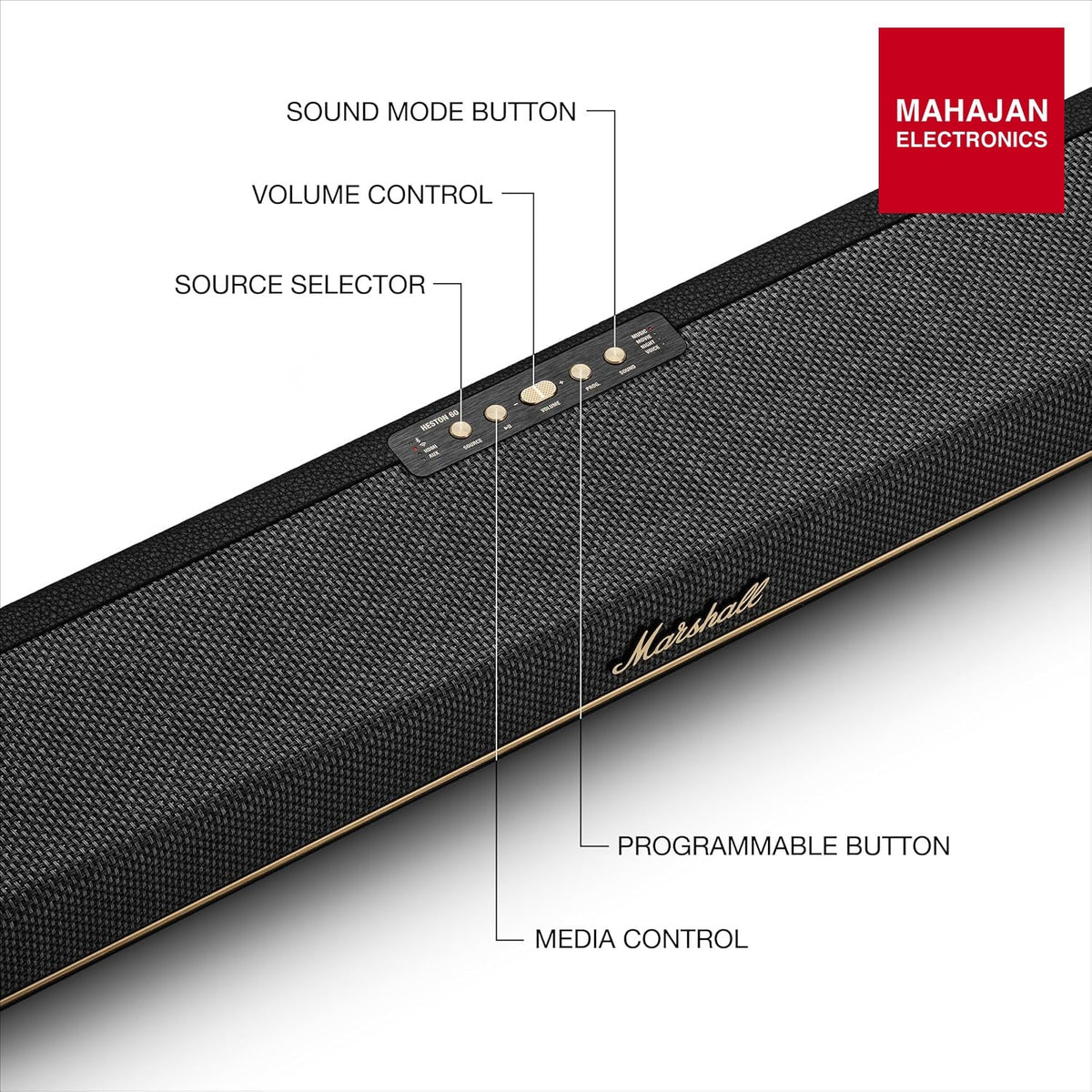 Marshall Heston 60 soundbar with Dolby Atmos & DTS:X, Wired & Wireless Subwoofer Connectivity – Dual HDMI – Mahajan Electronics Online.