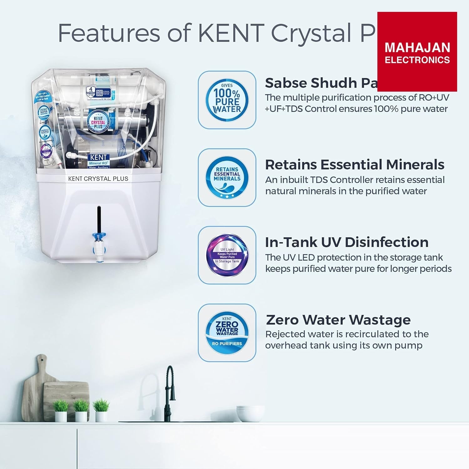 KENT Crystal Plus Alkaline RO + UV + UF + TDS Control + in-Tank UV Water Purifier 11 L | 20 L/hr Water – Mahajan Electronics Online.