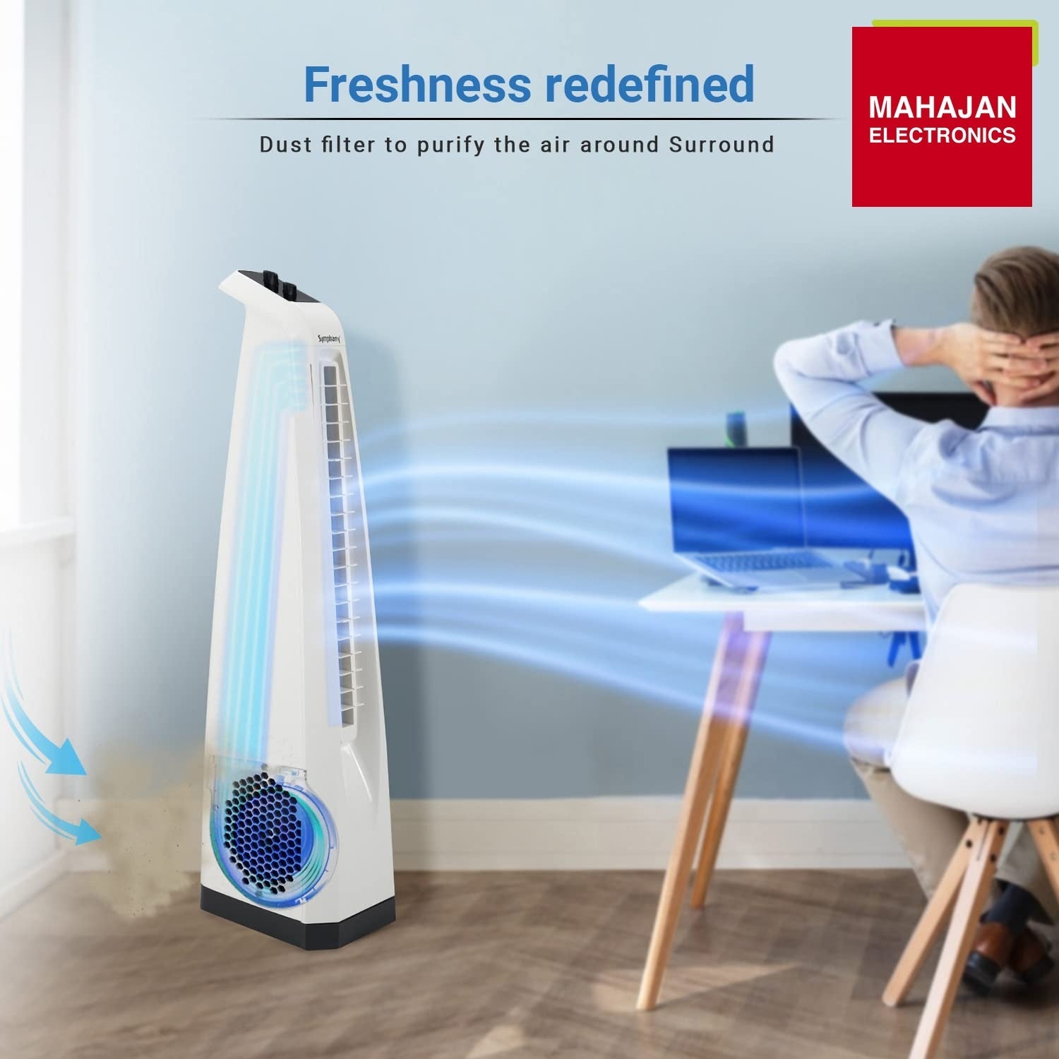 Symphony Surround Bladeless Tower Fan for Room & Office | High-Speed with Swivel Action & Simple Knob Control – Mahajan Electronics Online.