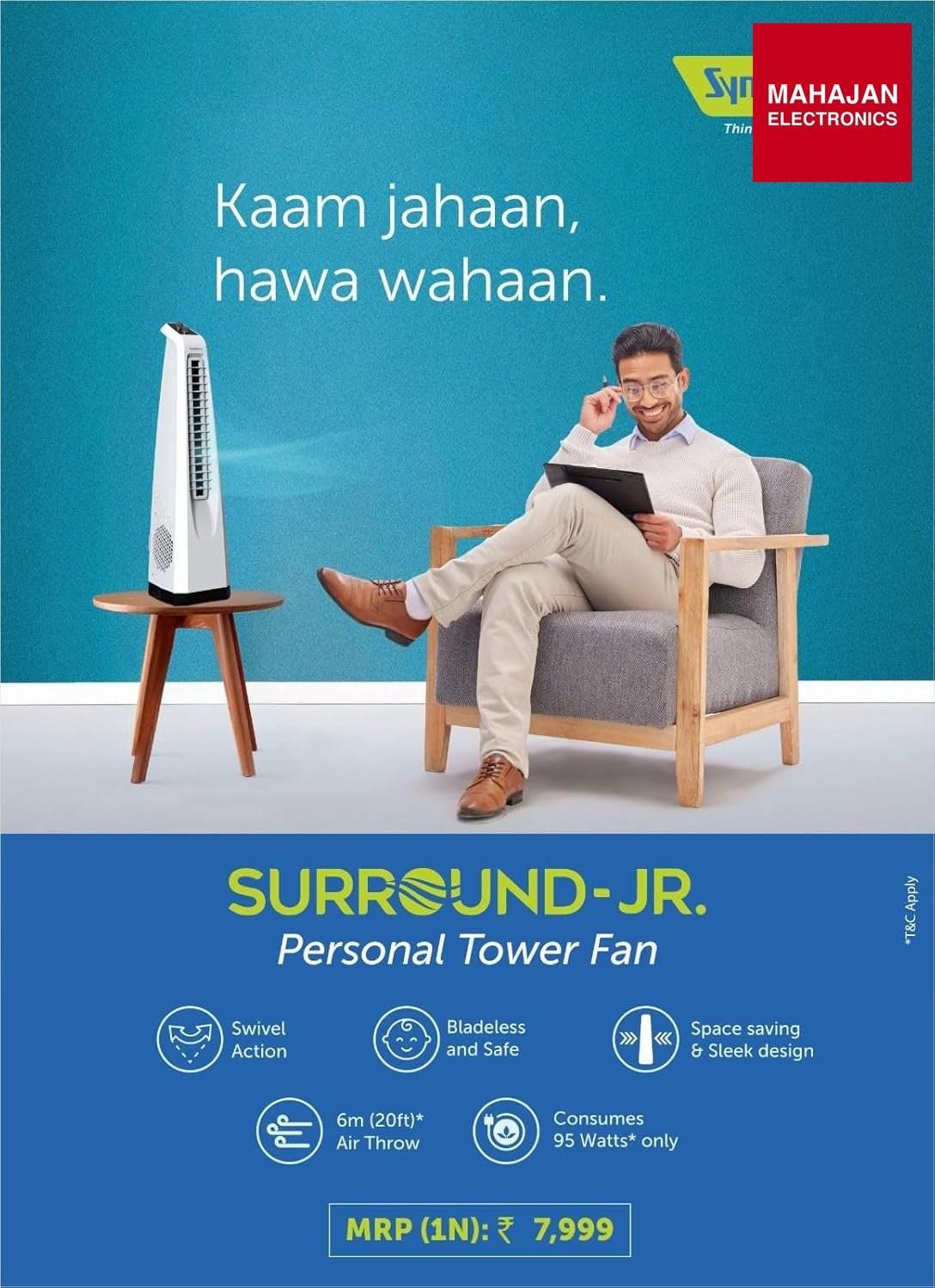 Symphony Surround JR Bladeless Tower Fan for Room | Quiet Personal Fan for Home & Office with 90° Oscillation – Mahajan Electronics Online.