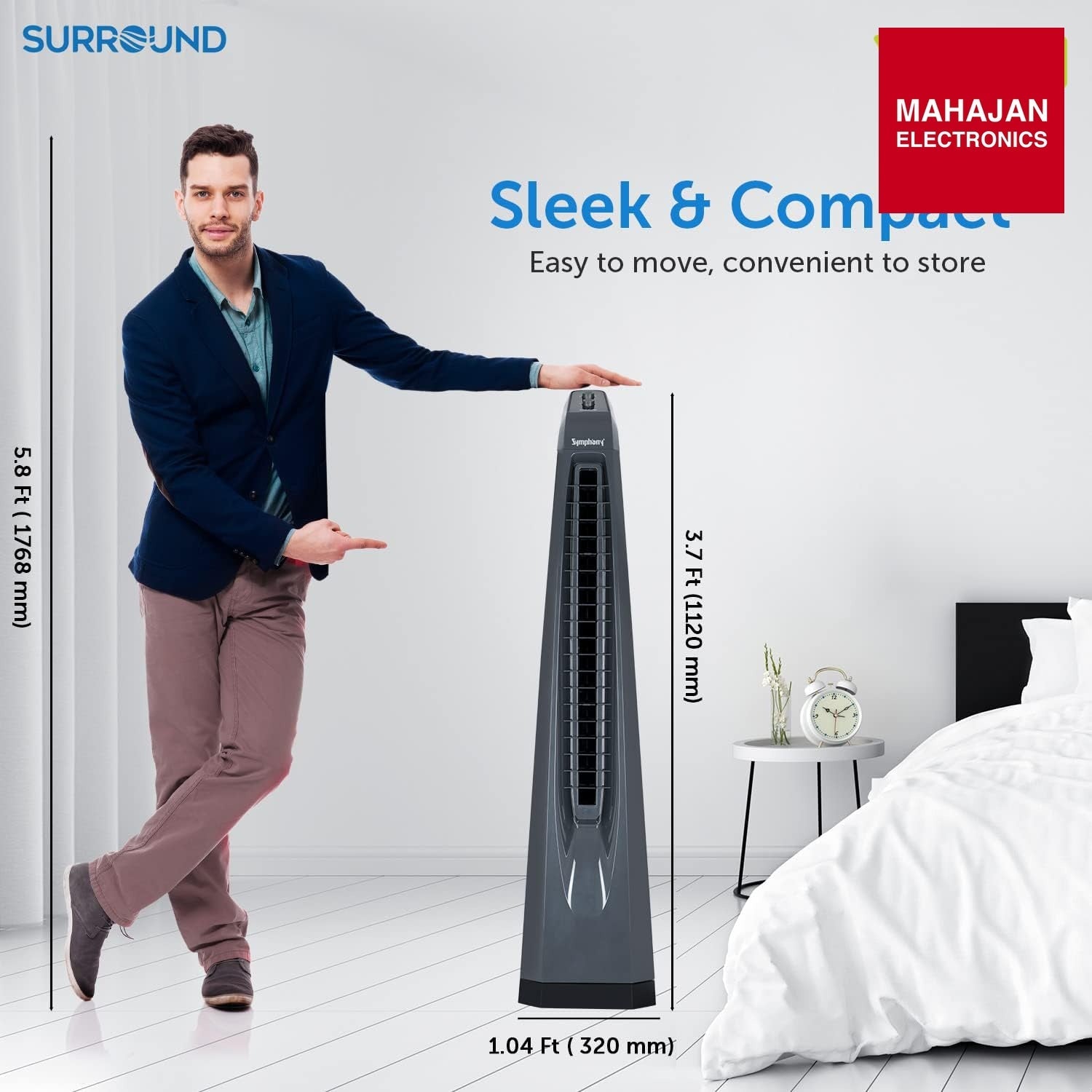 Symphony Surround Bladeless Tower Fan for Room & Office | High-Speed with Swivel Action & Simple Knob Control – Mahajan Electronics Online.