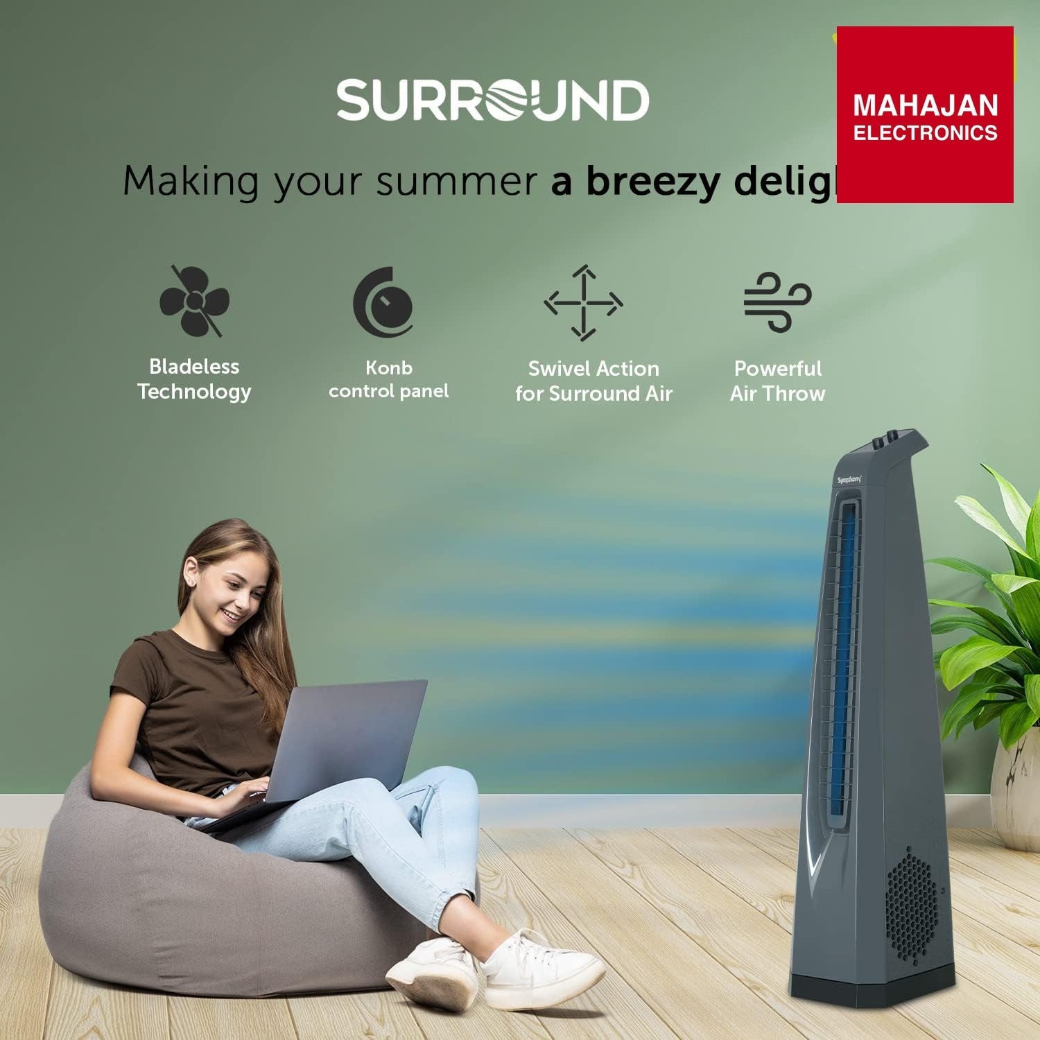 Symphony Surround Bladeless Tower Fan for Room & Office | High-Speed with Swivel Action & Simple Knob Control – Mahajan Electronics Online.