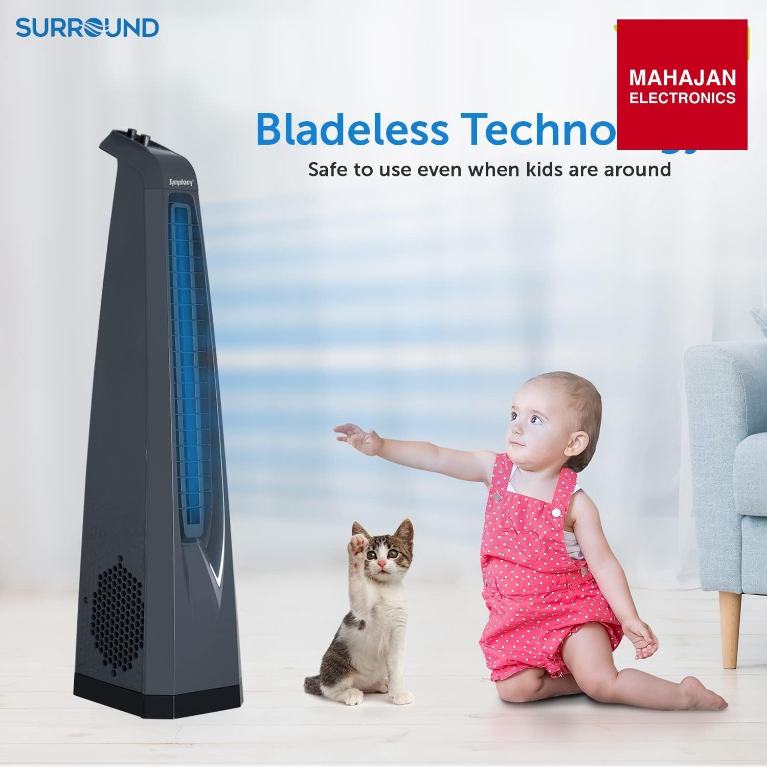 Symphony Surround Bladeless Tower Fan for Room & Office | High-Speed with Swivel Action & Simple Knob Control – Mahajan Electronics Online.