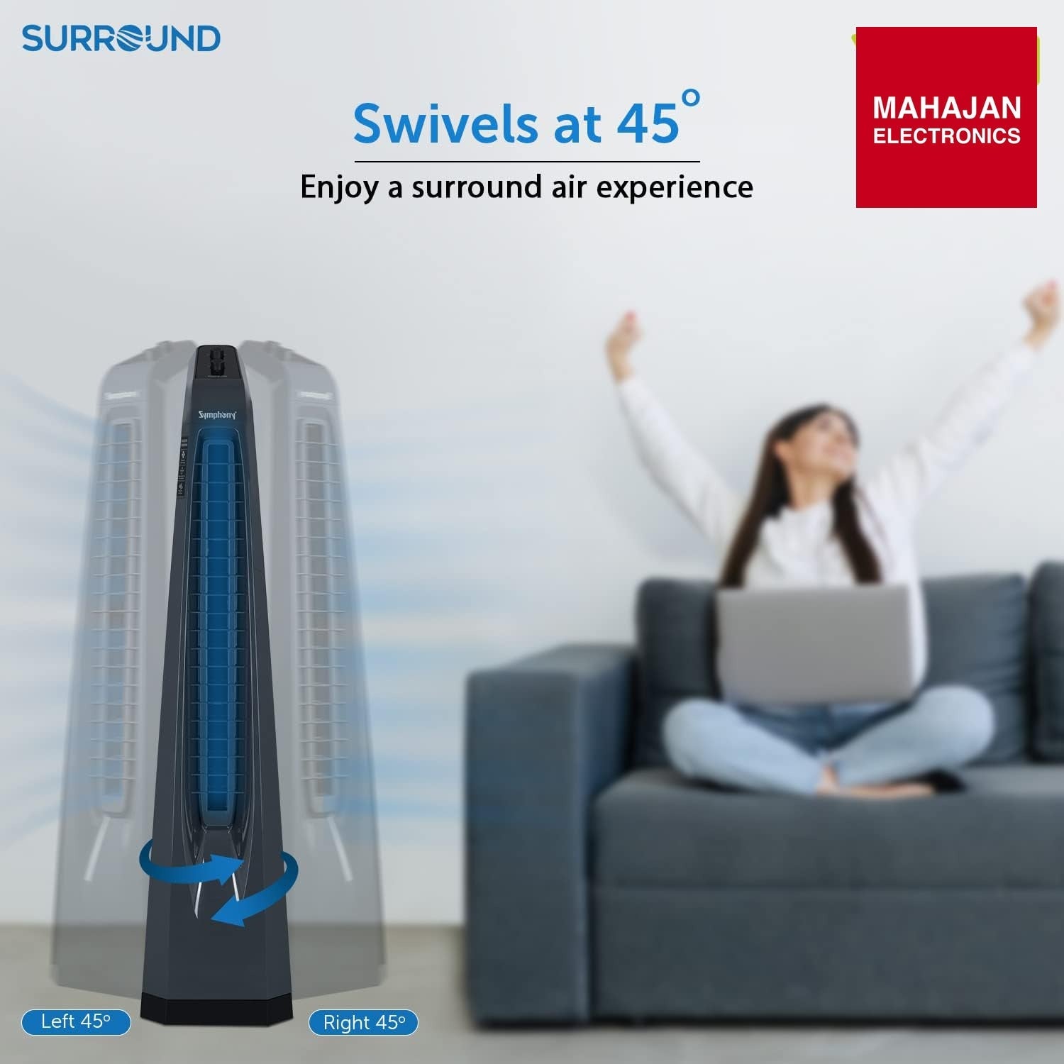 Symphony Surround Bladeless Tower Fan for Room & Office | High-Speed with Swivel Action & Simple Knob Control – Mahajan Electronics Online.