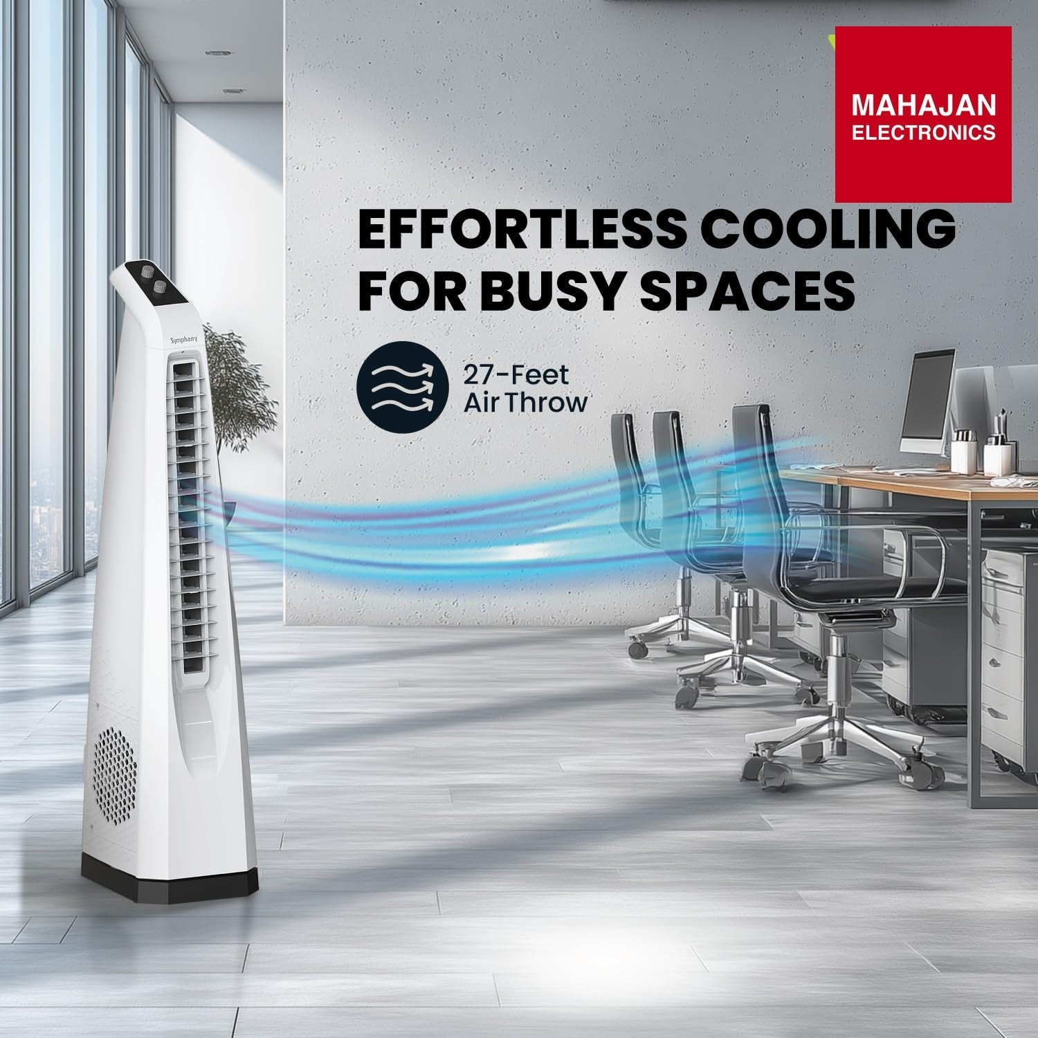 Symphony Surround Sr. Bladeless Tower Fan for Room | 90 Degree Swivel Action, Knob Control Panel | Low Power – Mahajan Electronics Online.