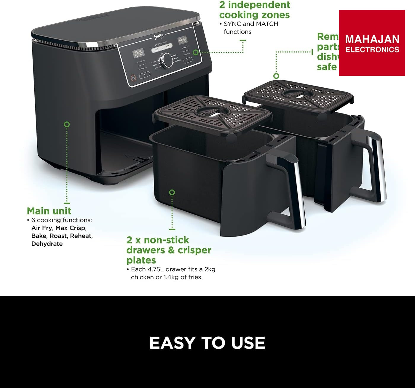 Ninja AF400 Foodi MAX Dual Zone Digital AirFryer, 2 Drawers, 9.5L, 6-in-1, Uses No Oil, Air Fry, Max Crisp – Mahajan Electronics Online.