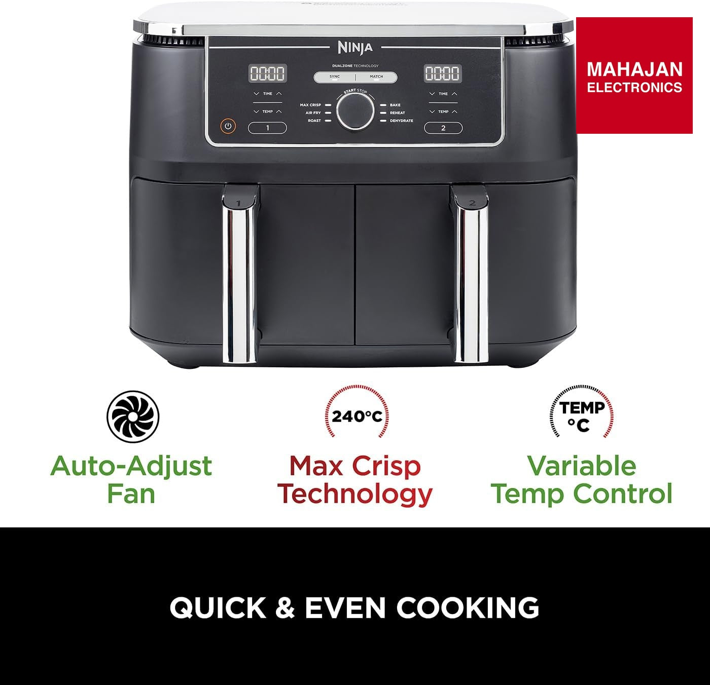 Ninja AF400 Foodi MAX Dual Zone Digital AirFryer, 2 Drawers, 9.5L, 6-in-1, Uses No Oil, Air Fry, Max Crisp – Mahajan Electronics Online.