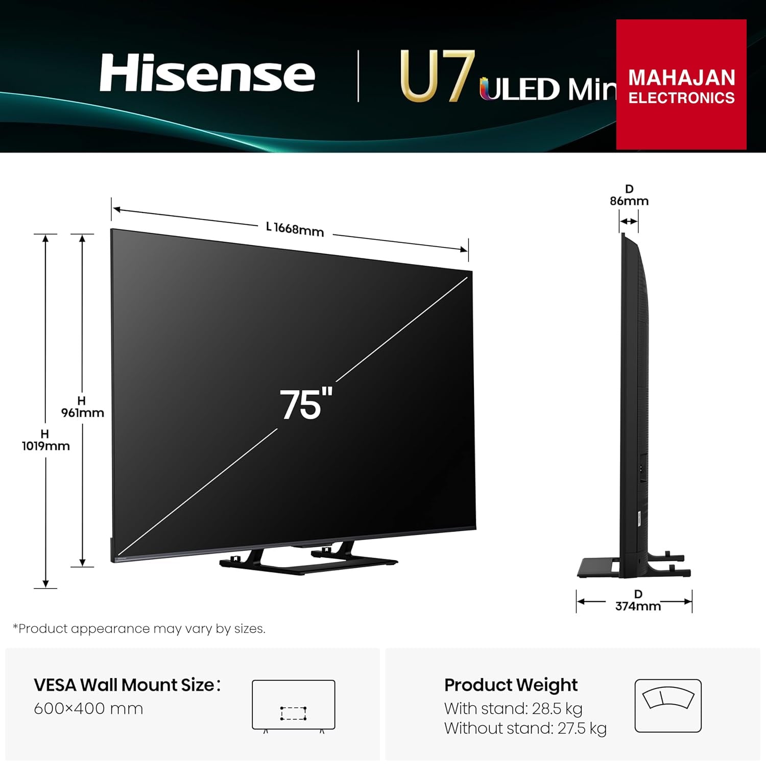 Hisense 75U7Q 189 cm (75 inches) U7Q Series 4K Ultra HD Smart QLED Mini LED TV – Mahajan Electronics Online.