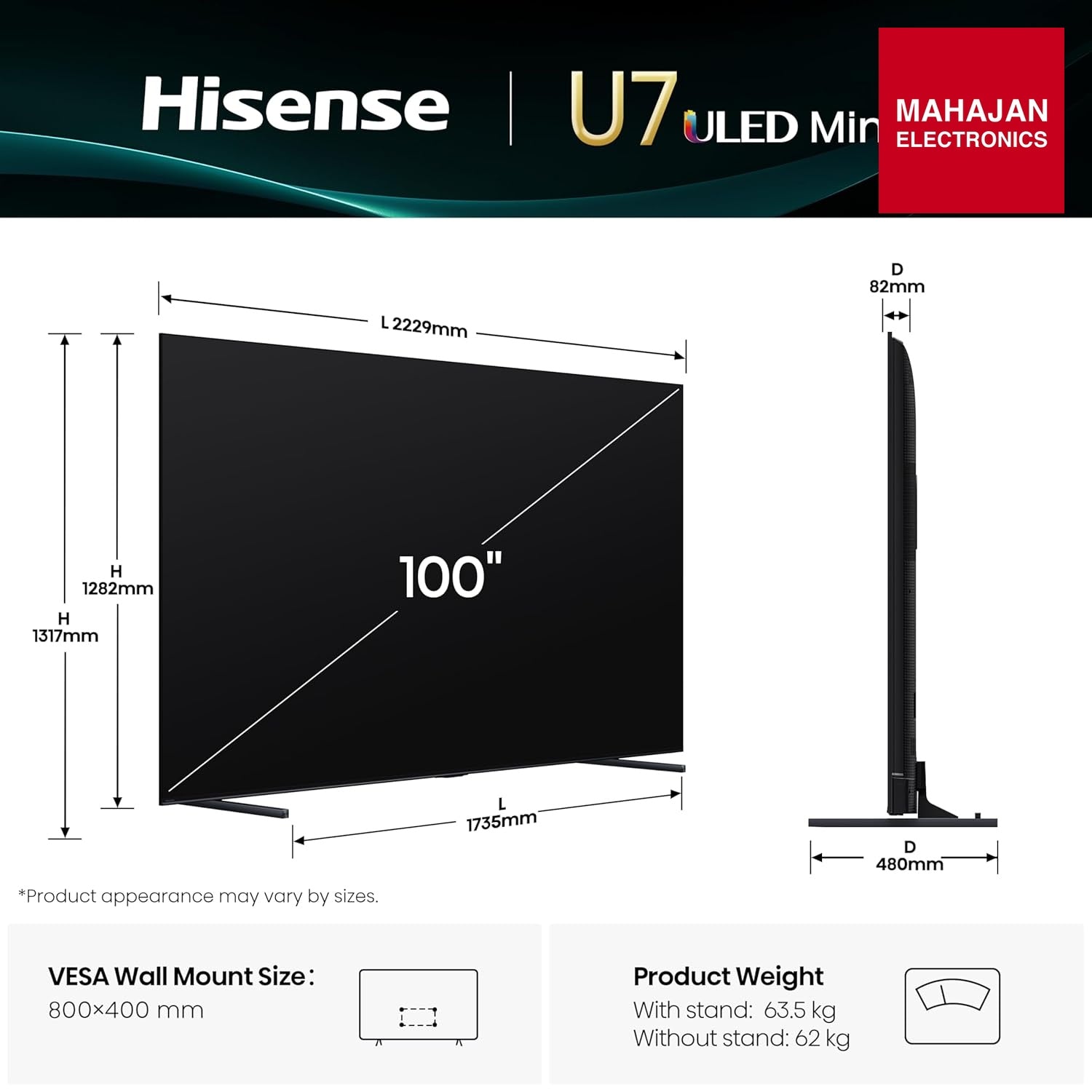 Hisense 100U7Q 253 cm (100 inches) U7Q Series 4K Ultra HD Smart QLED Mini LED TV – Mahajan Electronics Online.