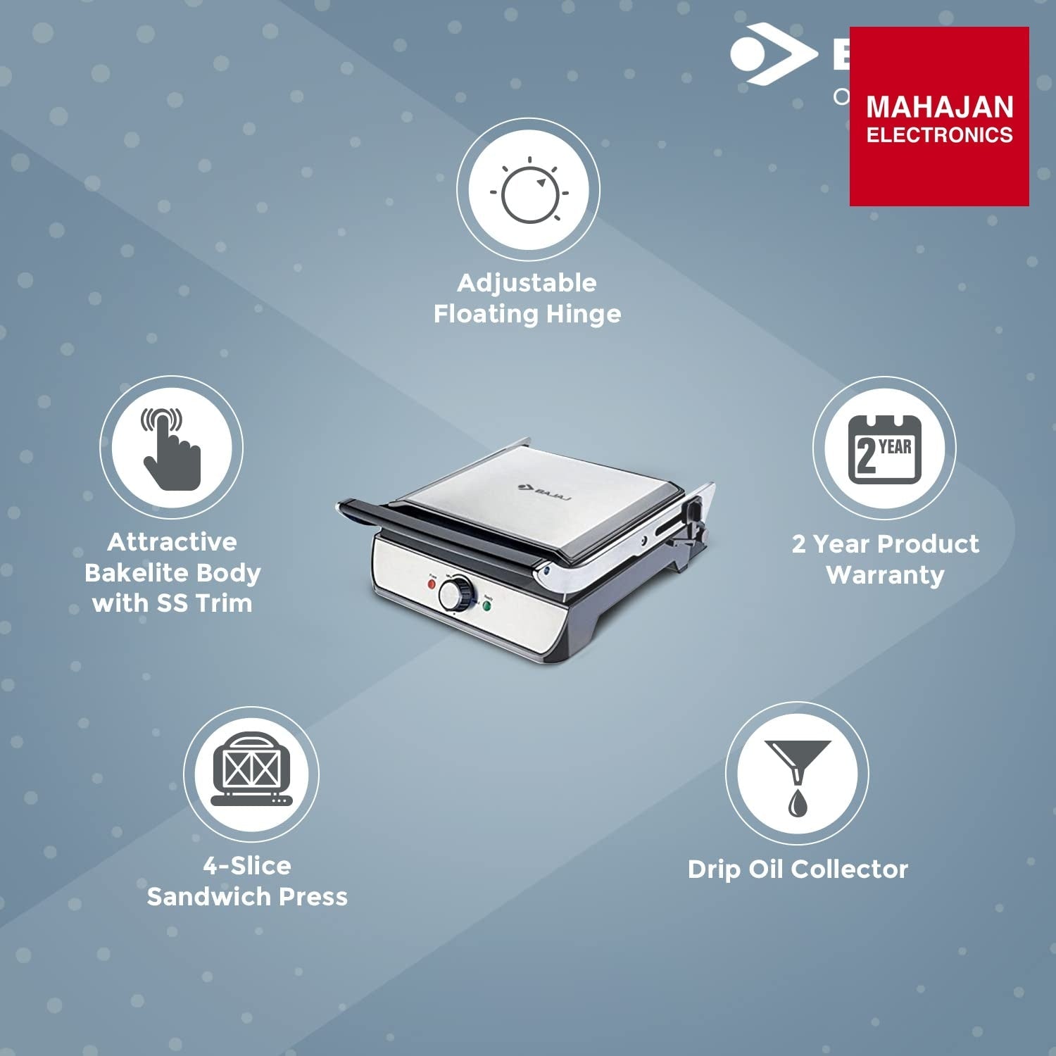 Bajaj Majesty Grill Ultra 2000W 4-Slice Grill Sandwich Maker | 180° Open Grill | Adjustable Hinge & – Mahajan Electronics Online.