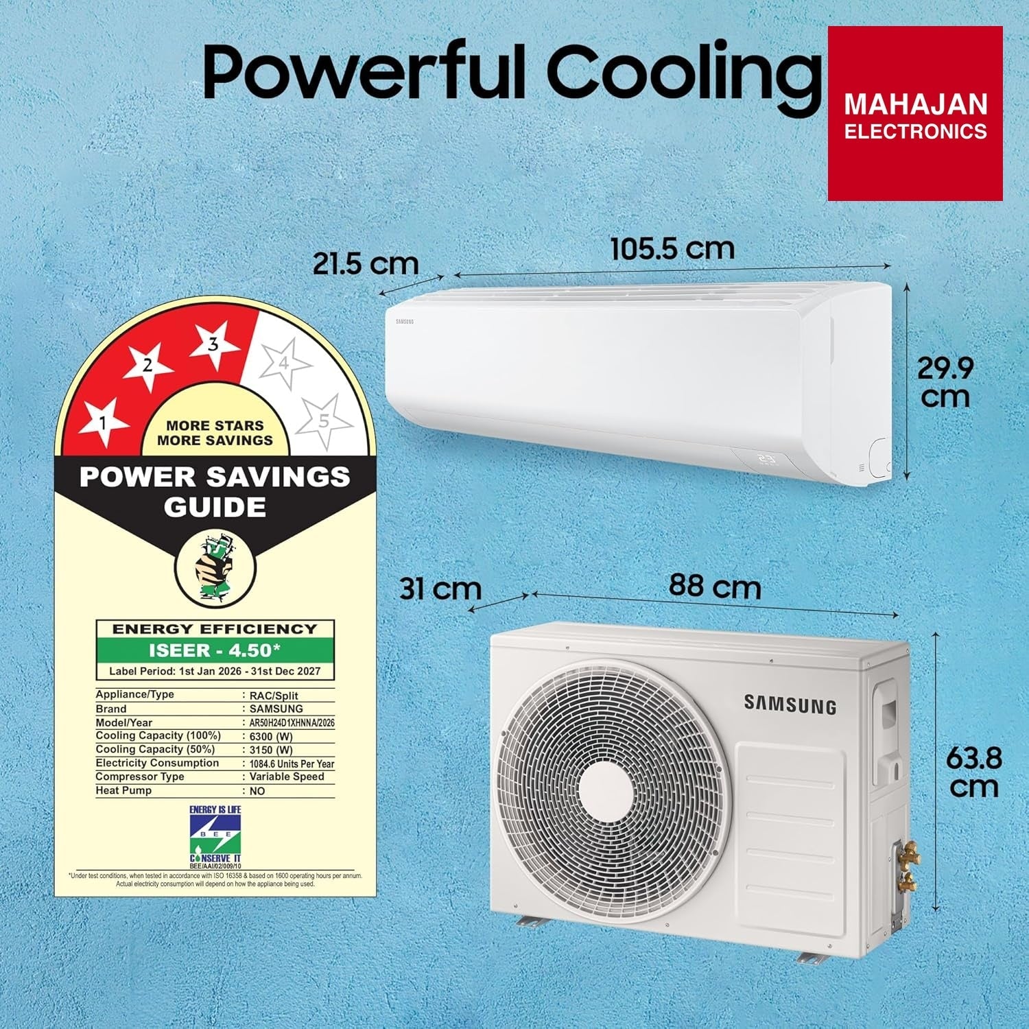 Samsung AR50H24D1XHNNA 2 Ton 3 Star Bespoke AI Inverter Smart Split AC (2026 Model, WiFi, Energy Saving, Voice Control, Powerful Cooling, Copper, Digital Inverter, 4 Way swing, 5 Step Convertible) Mahajan Electronics Online