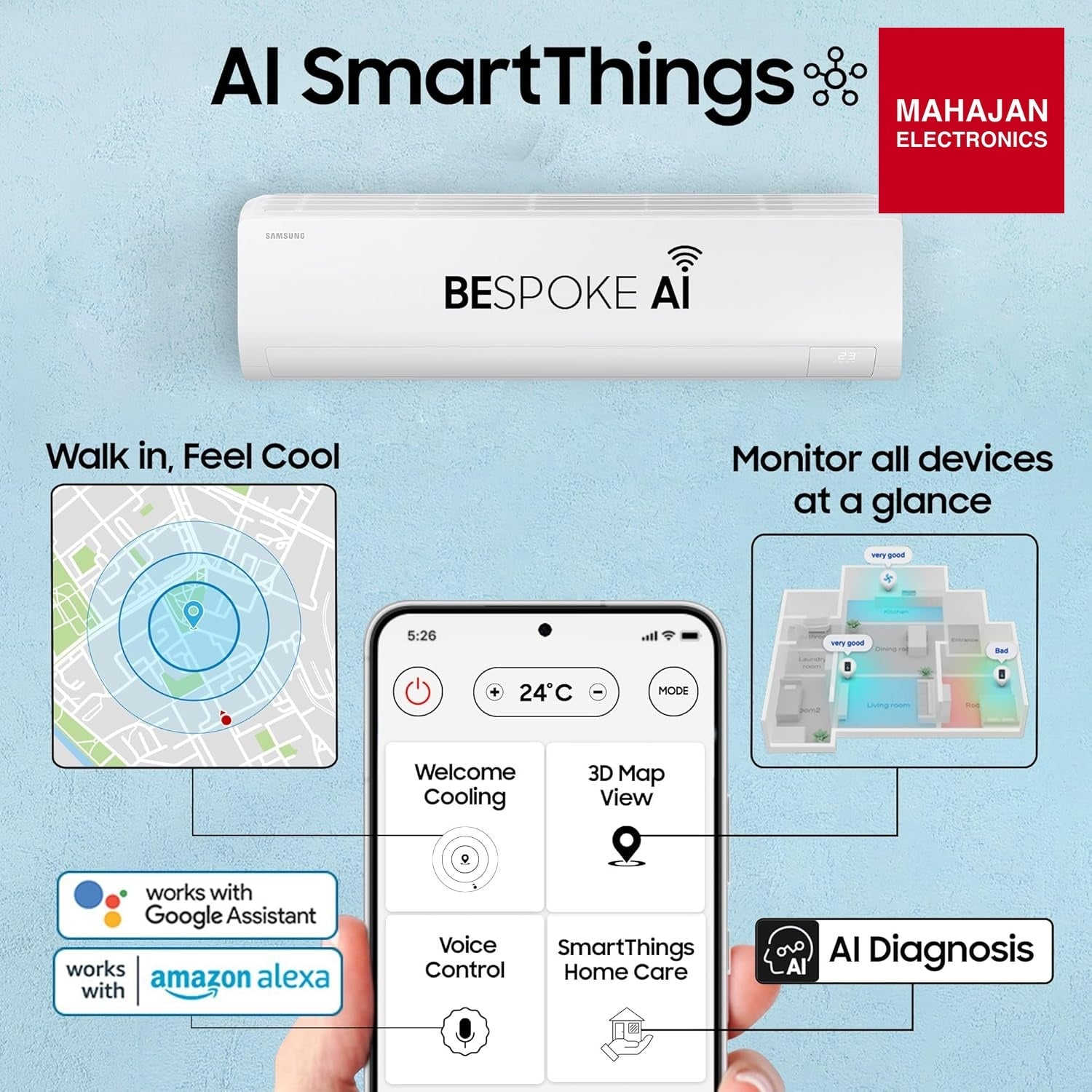 Samsung AR50H24D1XHNNA 2 Ton 3 Star Bespoke AI Inverter Smart Split AC (2026 Model, WiFi, Energy Saving, Voice Control, Powerful Cooling, Copper, Digital Inverter, 4 Way swing, 5 Step Convertible) Mahajan Electronics Online