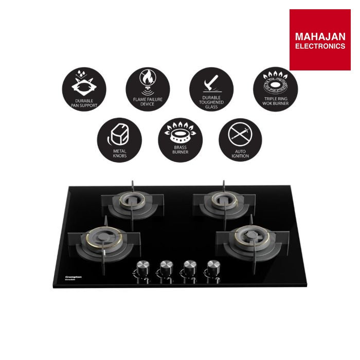 Crompton HOB-VNDC824-MBL 78 cm 4 Burner 4 Burners Built-in Gas Hob With High Efficiency Brass Burners – Mahajan Electronics Online.