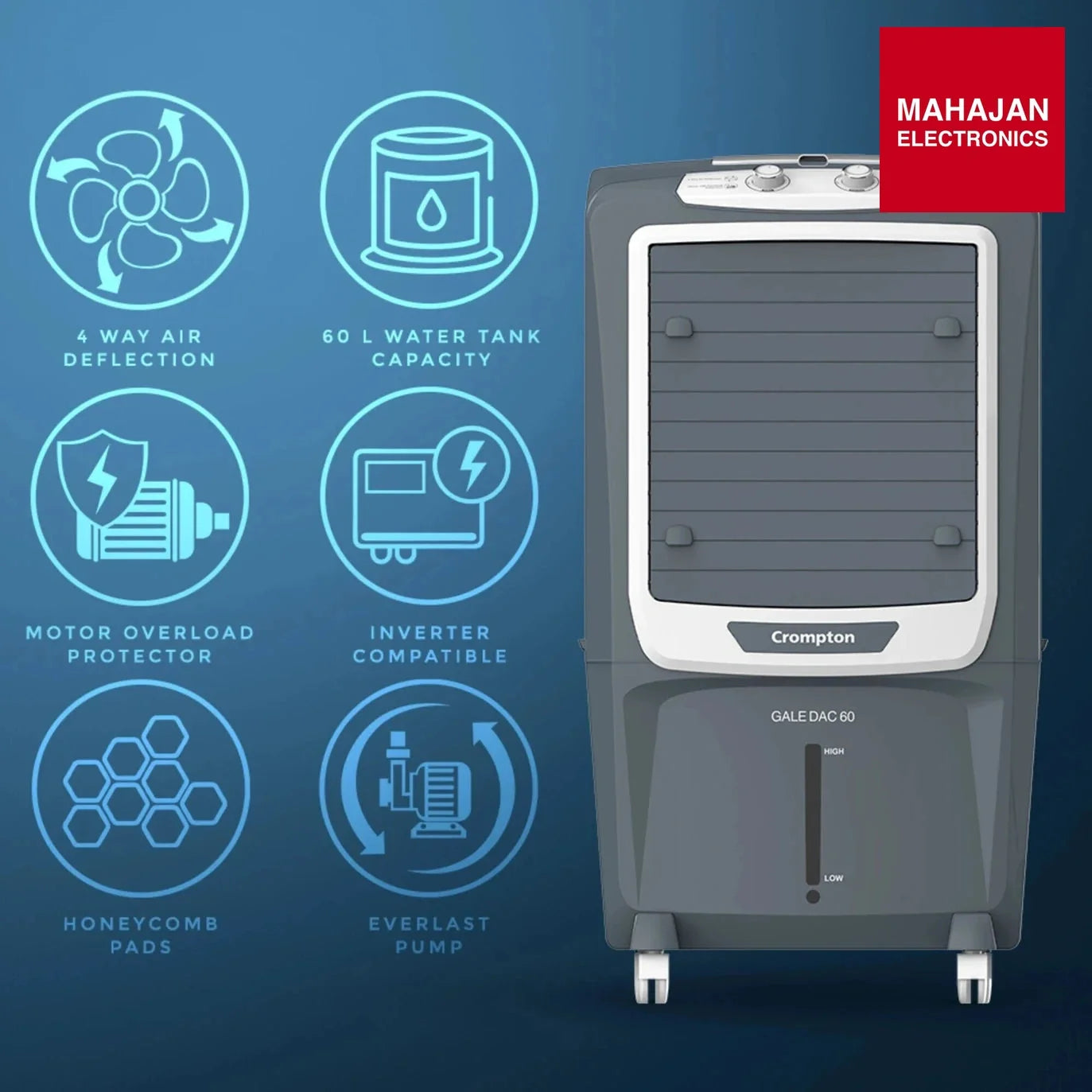 Crompton Gale DAC 60 Desert Air Cooler | 60L Tank | 4000 CMH Air Delivery | Ice Chamber | Everlast Pump – Mahajan Electronics Online.
