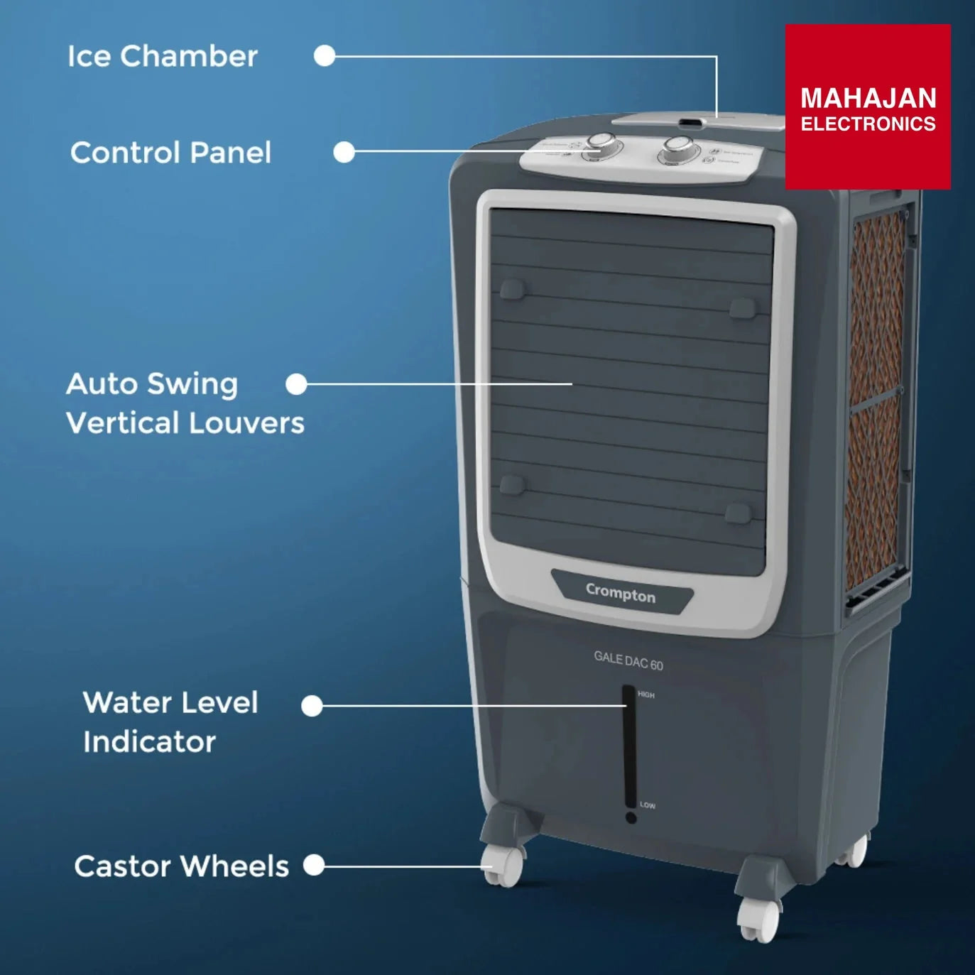 Crompton Gale DAC 60 Desert Air Cooler | 60L Tank | 4000 CMH Air Delivery | Ice Chamber | Everlast Pump – Mahajan Electronics Online.